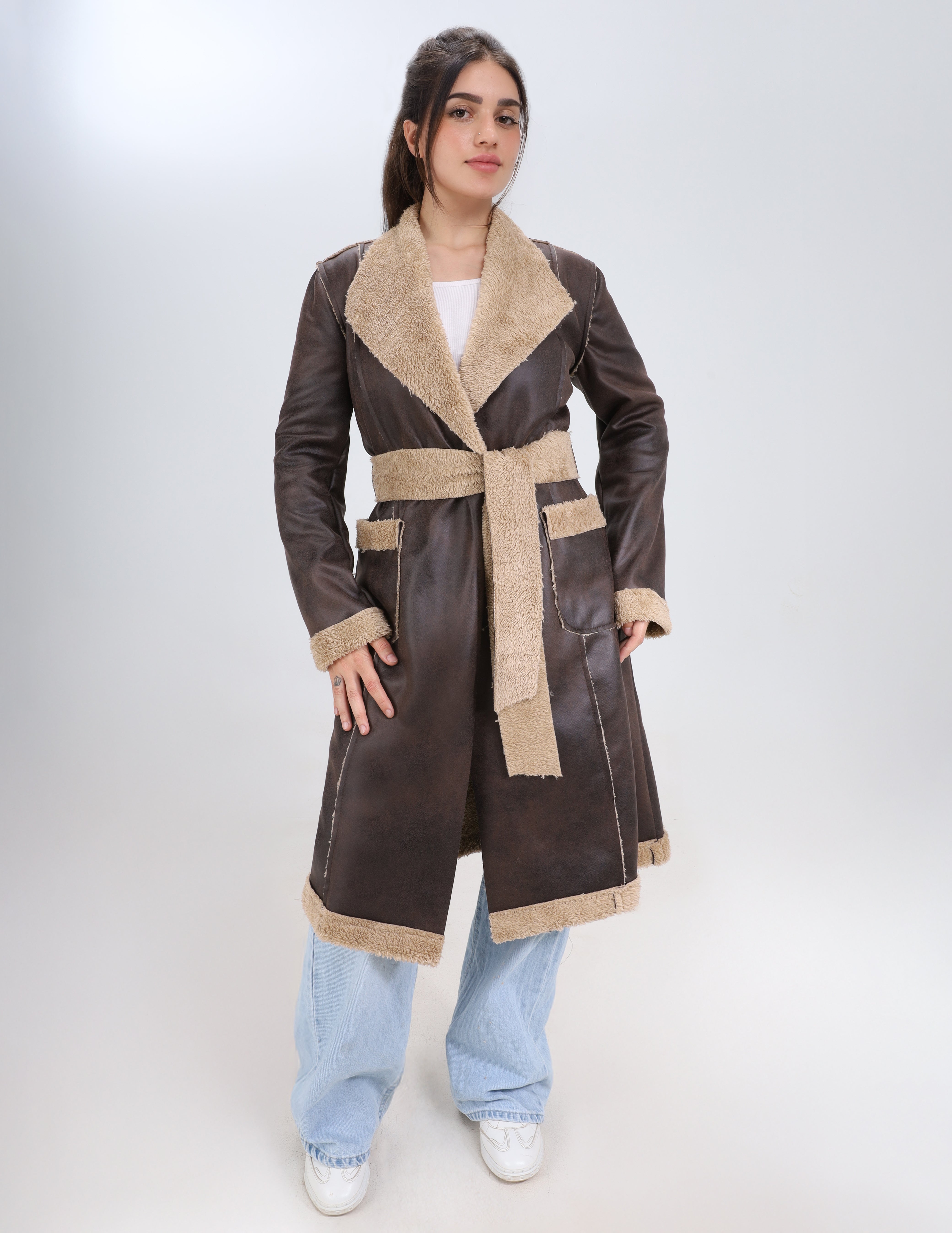 Long Faux Shearling Coat with Belt w1630172