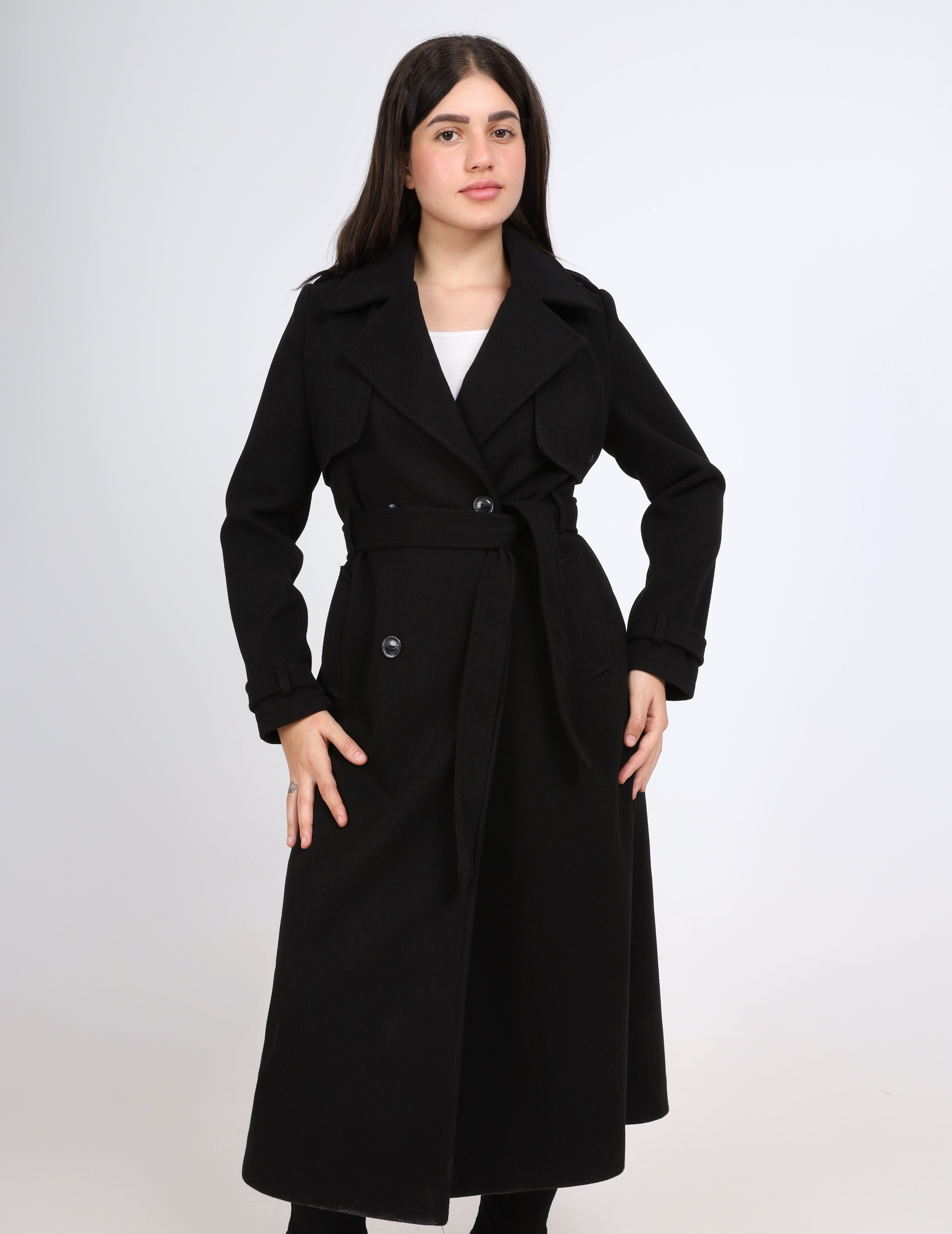 Belted Herringbone Long Trench Coat w169711400