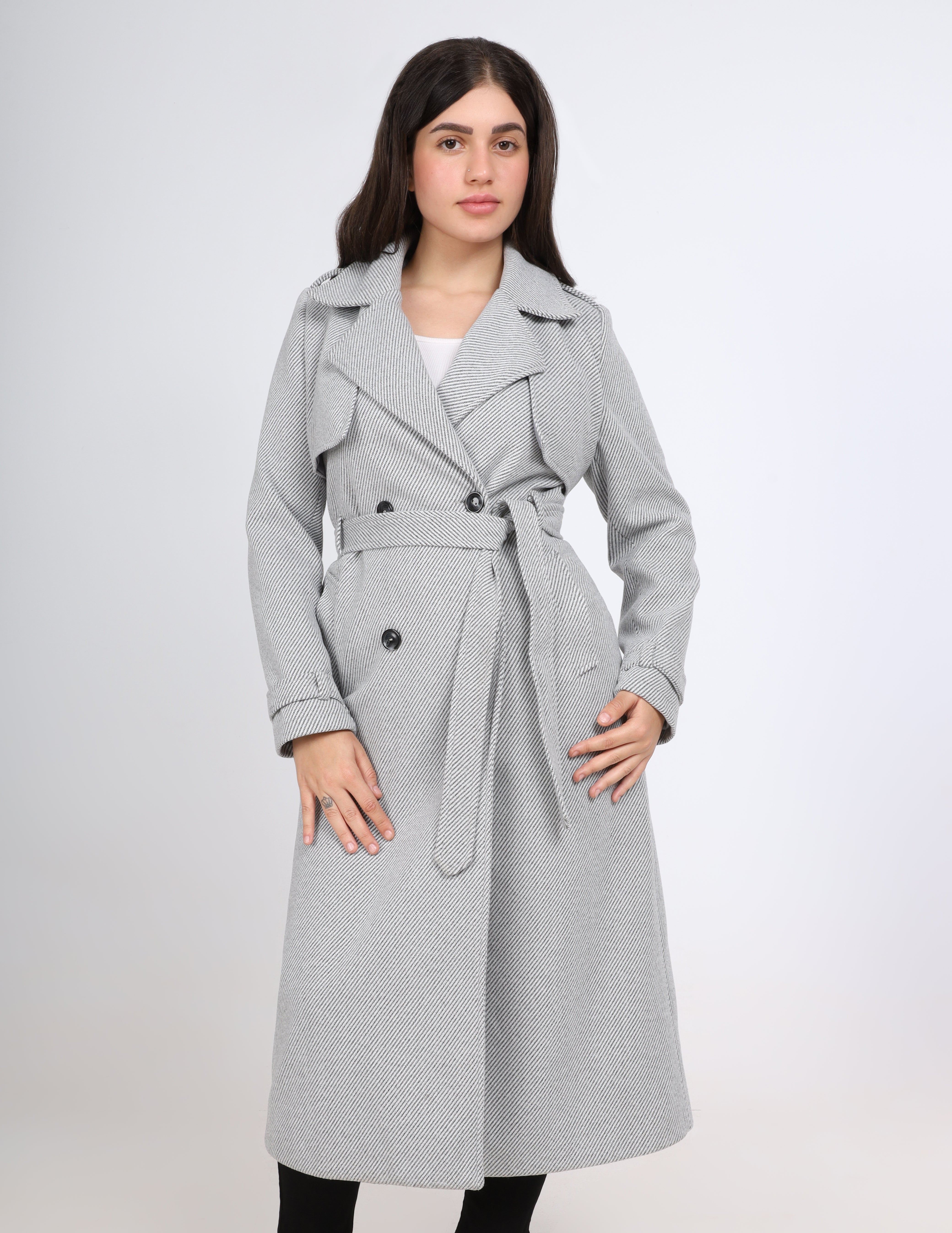 Belted Herringbone Long Trench Coat w169711400