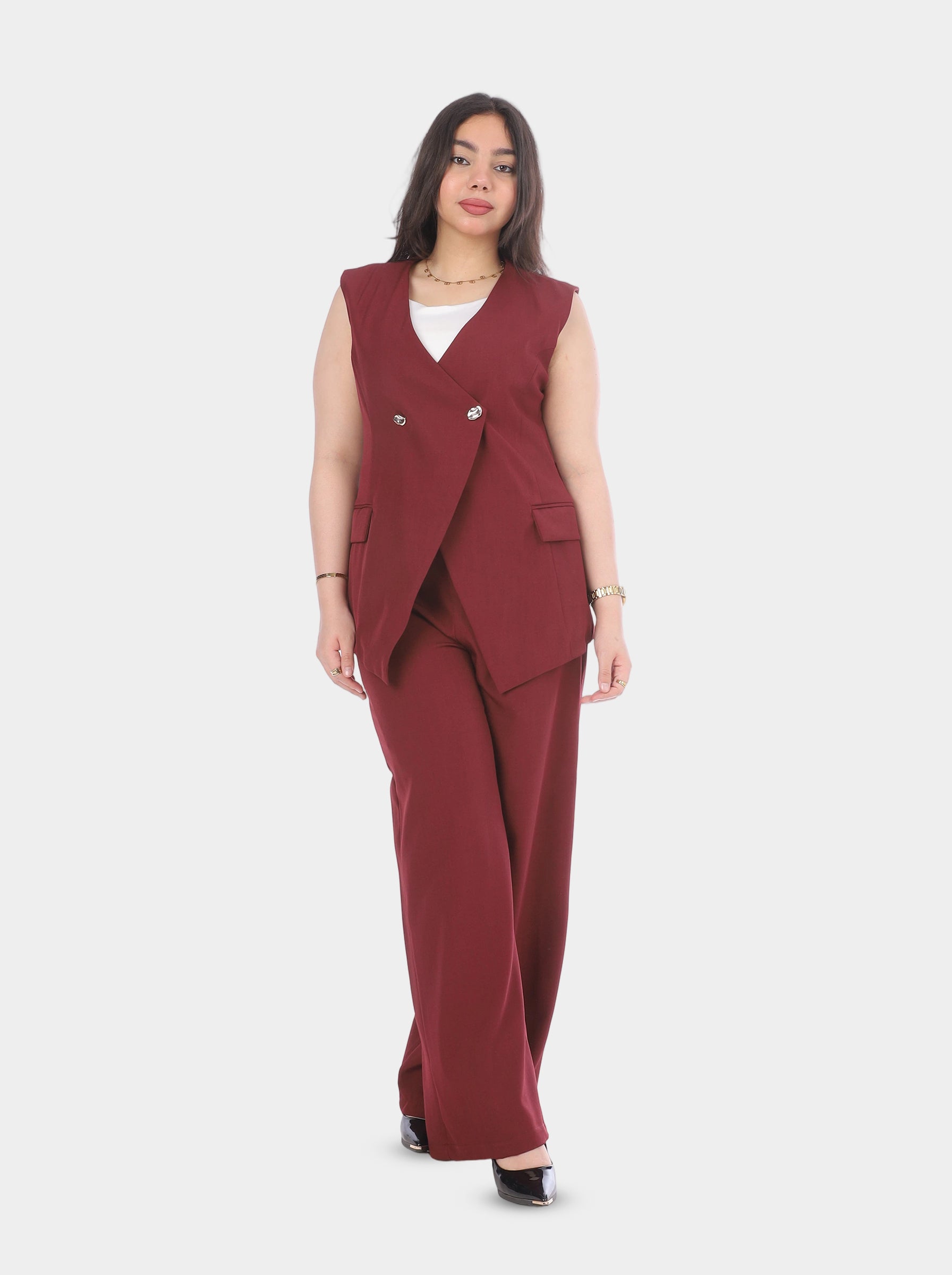 Sleeveless Blazer Wide-Leg Pants Suit 2000/022