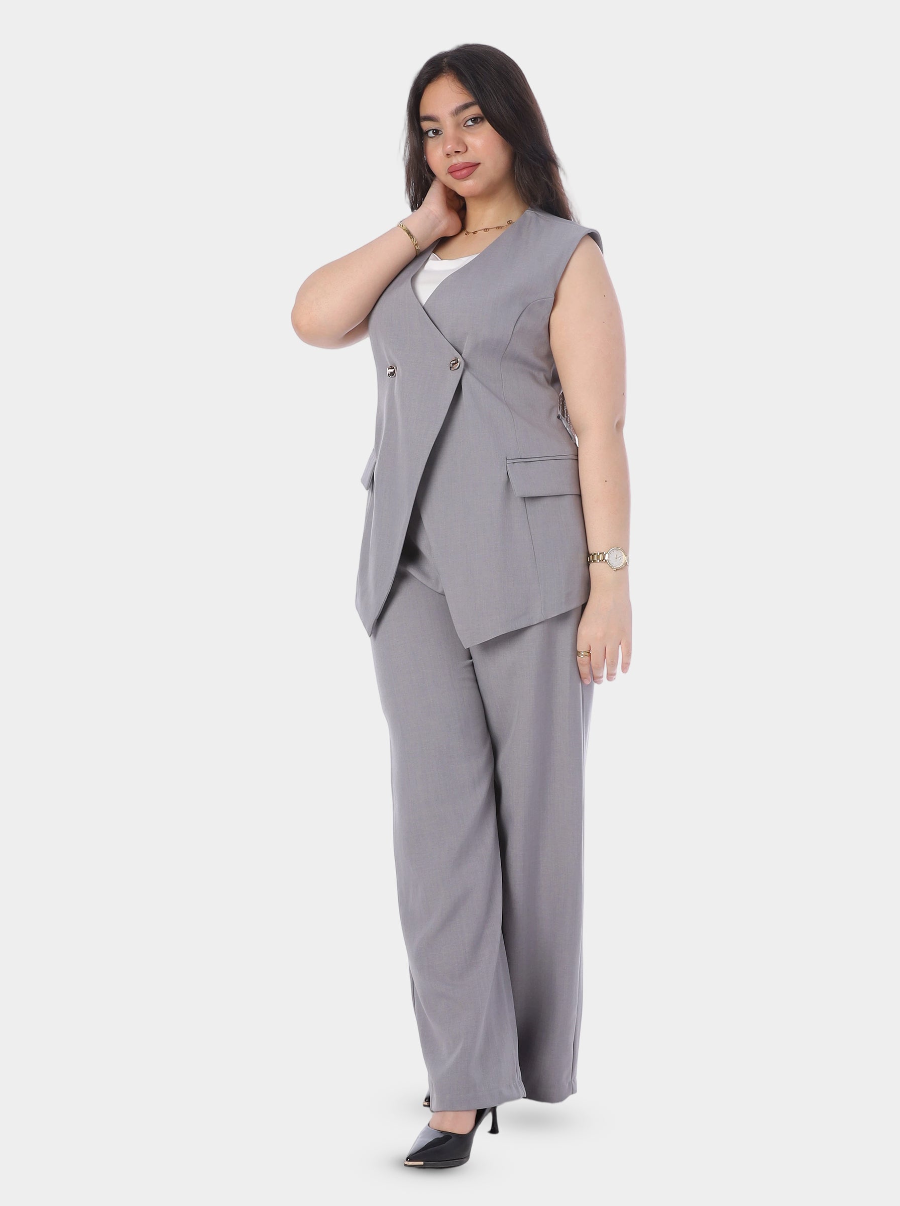 Sleeveless Blazer Wide-Leg Pants Suit 2000/022