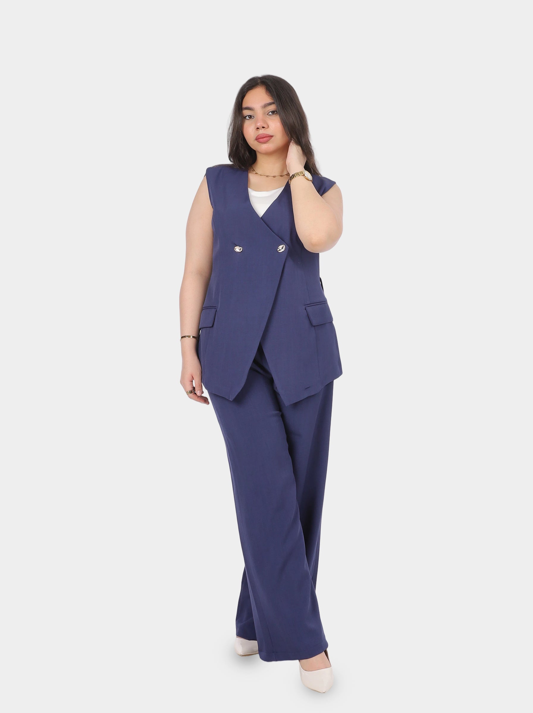 Sleeveless Blazer Wide-Leg Pants Suit 2000/022