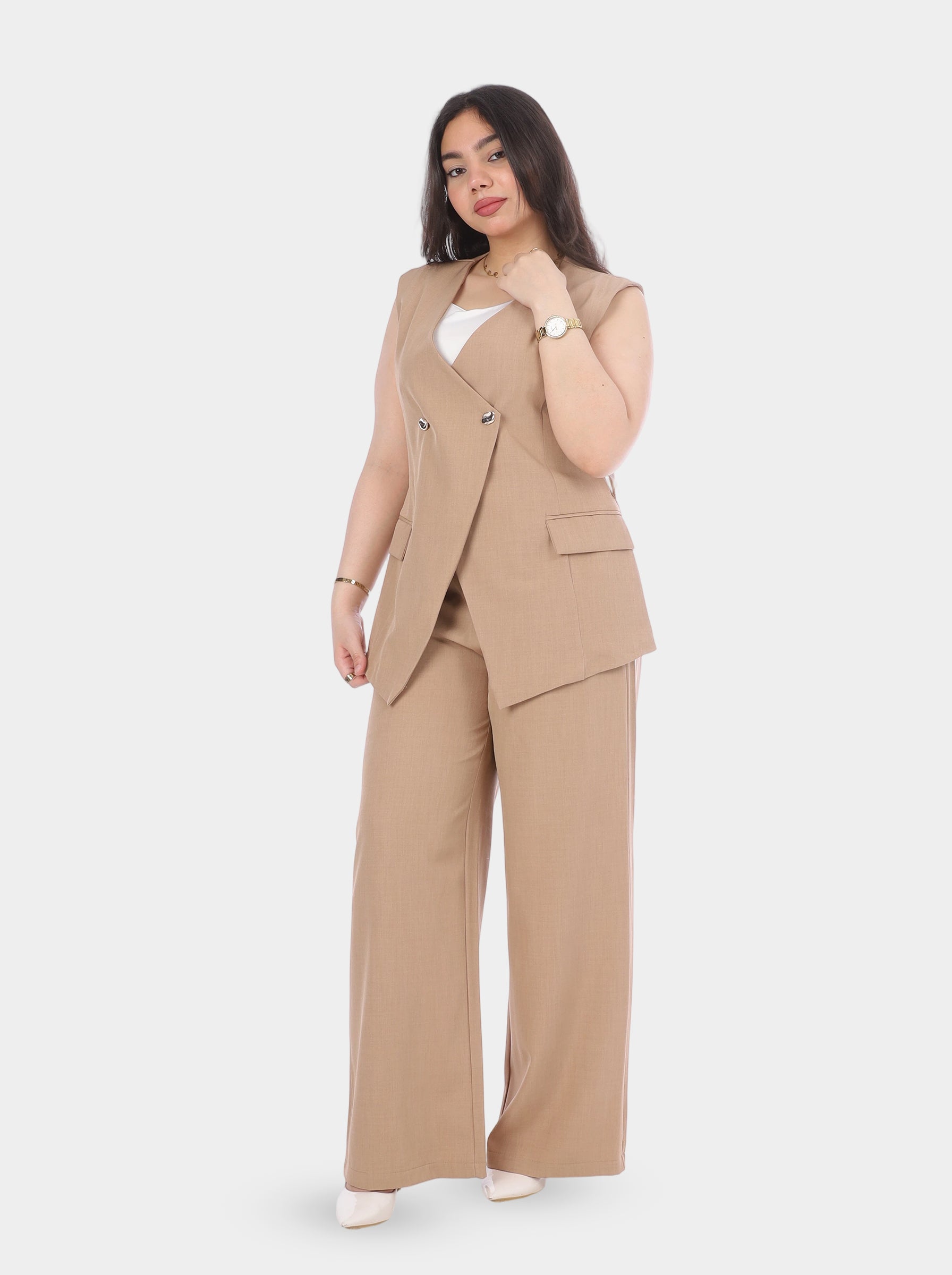 Sleeveless Blazer Wide-Leg Pants Suit 2000/022