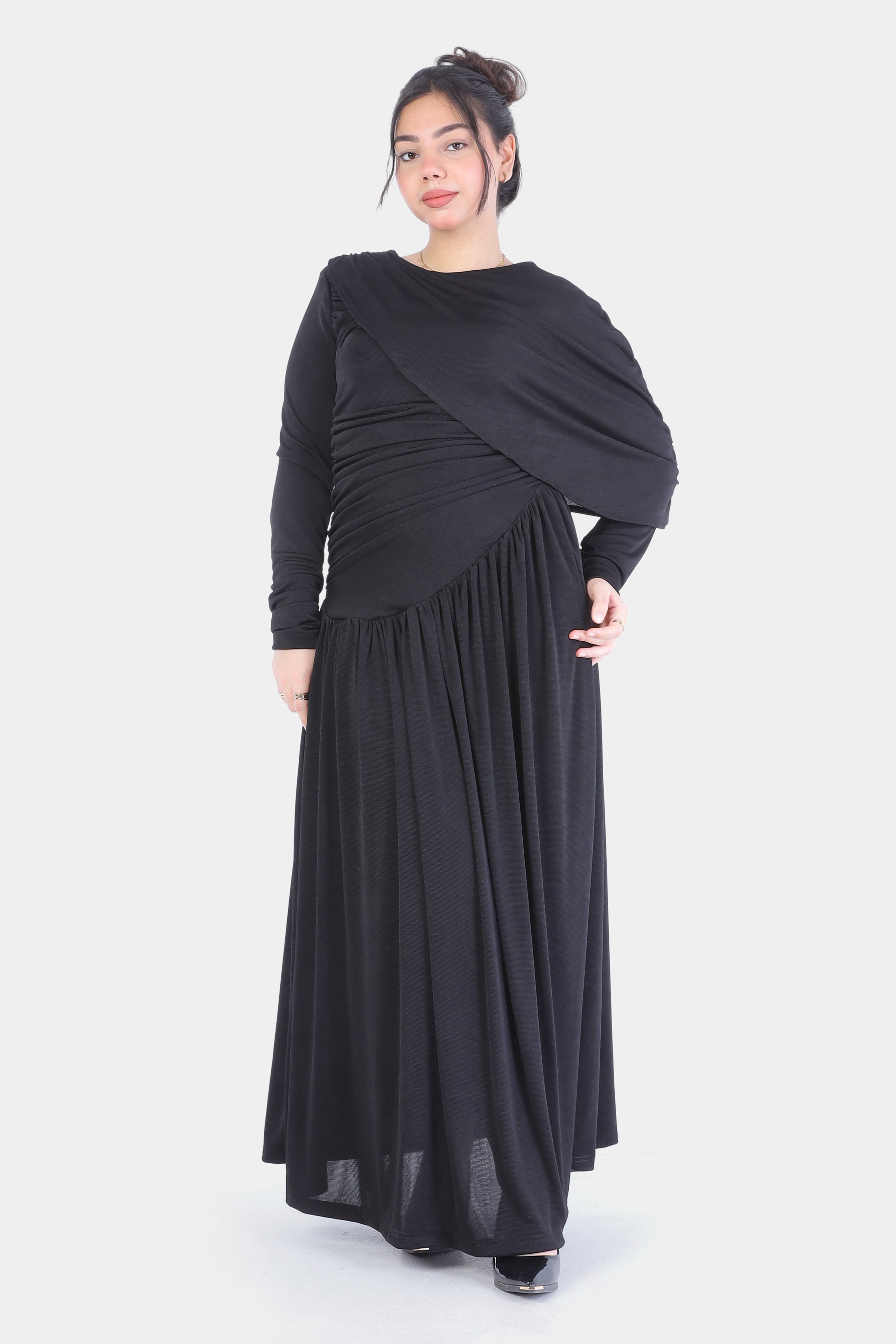 Ruched Maxi Dress with Draped Shoulder Detail 2000/039/1