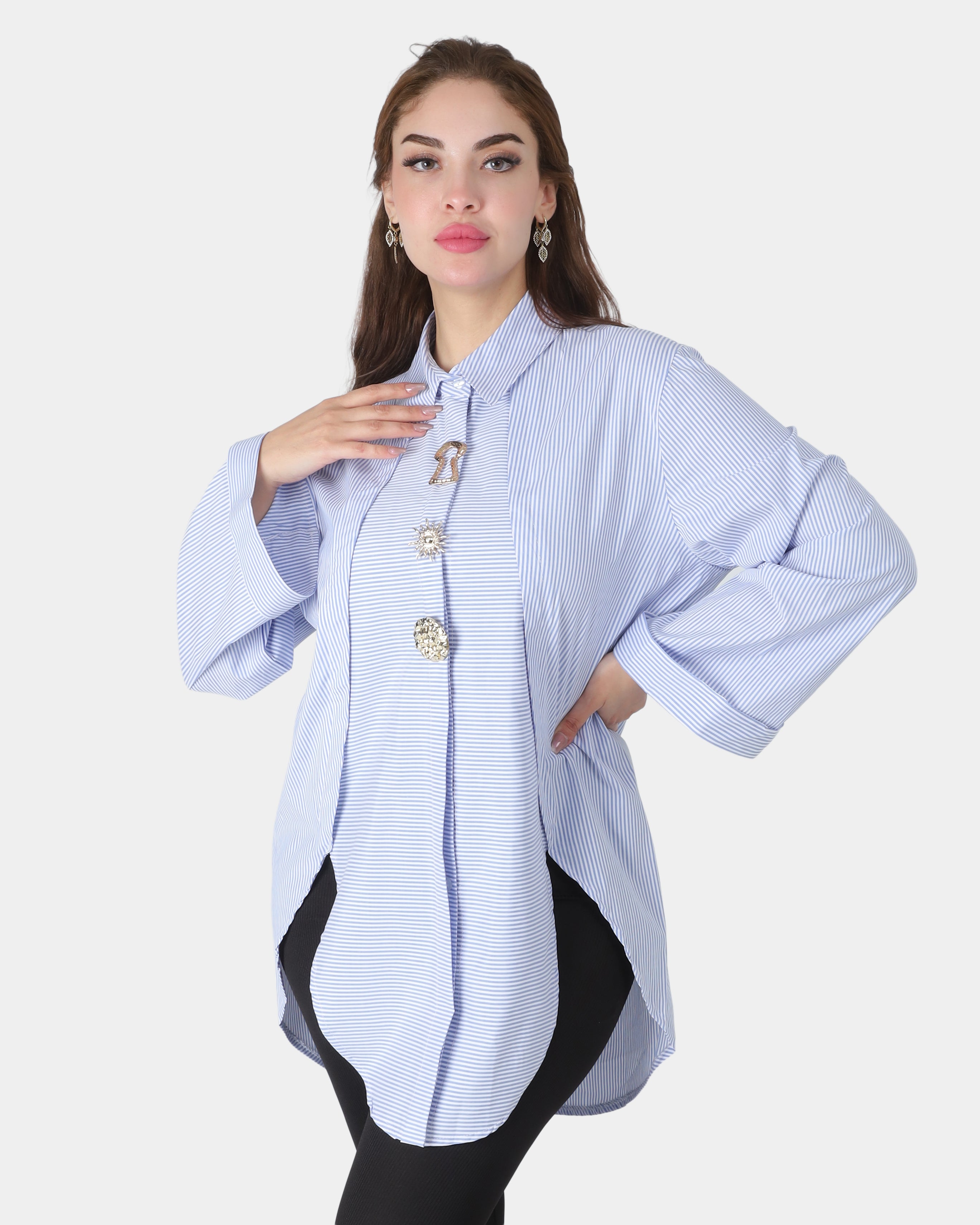 Striped Long Poplin Shirt with Decorative Buttons 2000/165/1