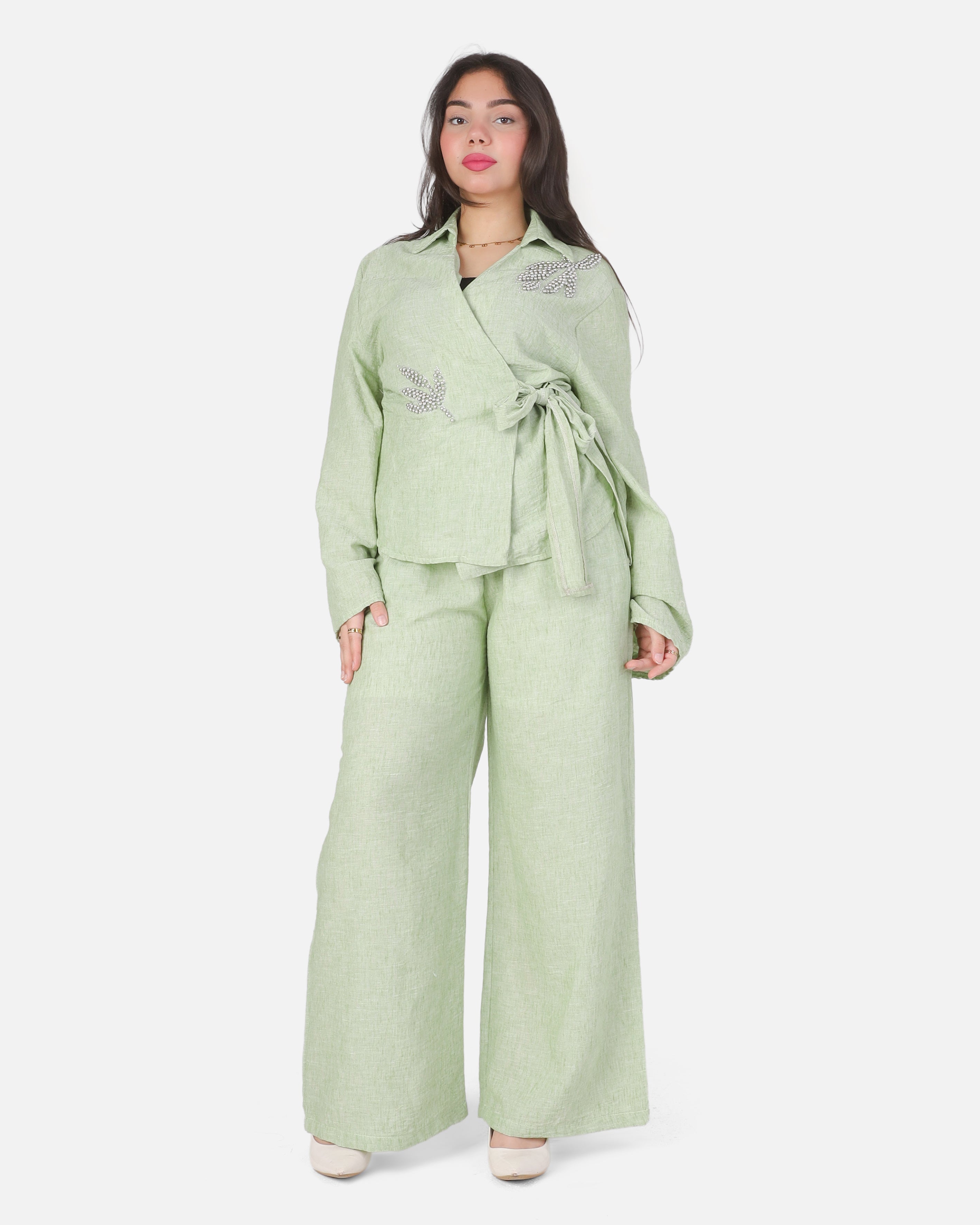 Elegant Linen-Blend Wrap Top & Wide-Leg Pants Set 2000/206