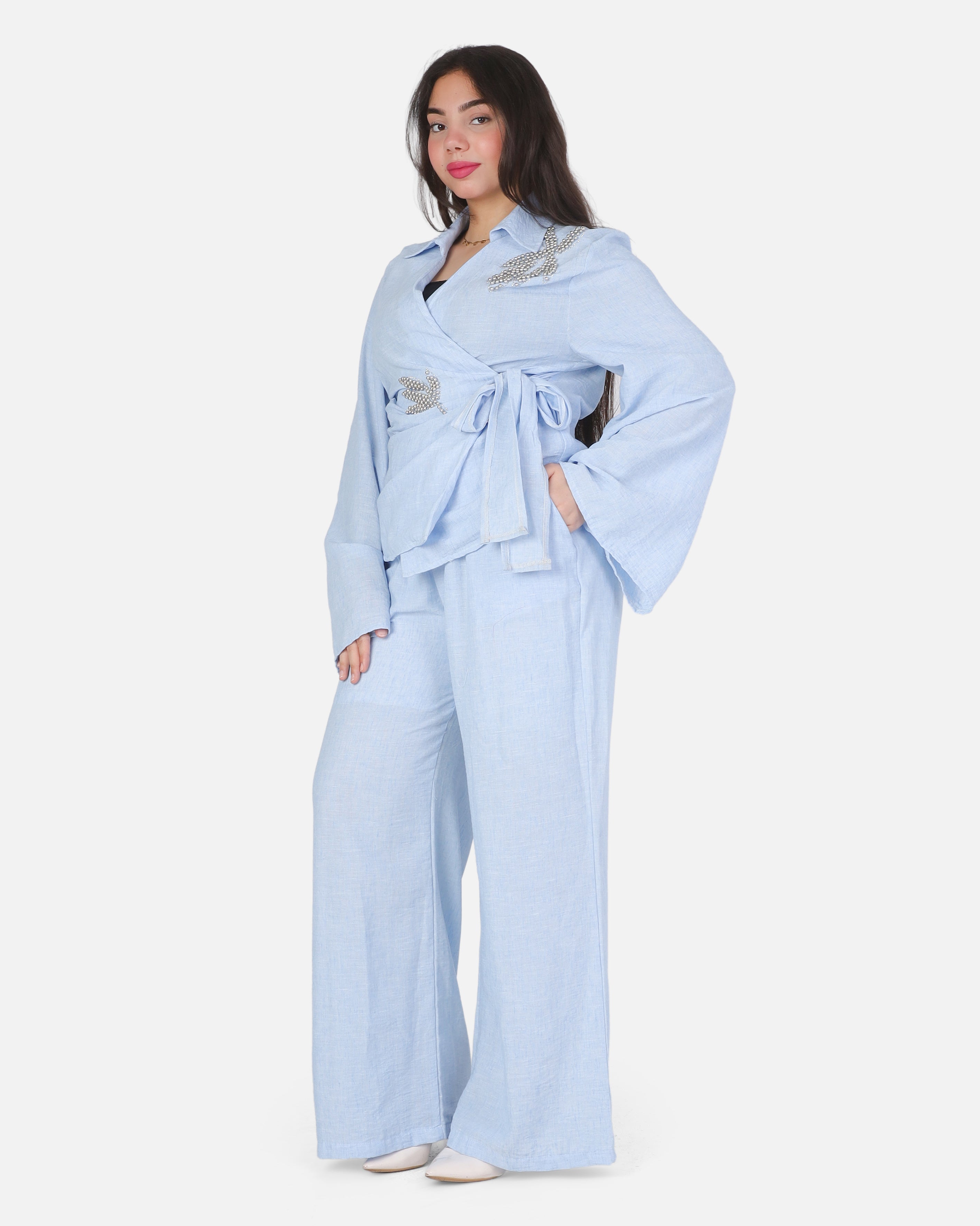 Elegant Linen-Blend Wrap Top & Wide-Leg Pants Set 2000/206