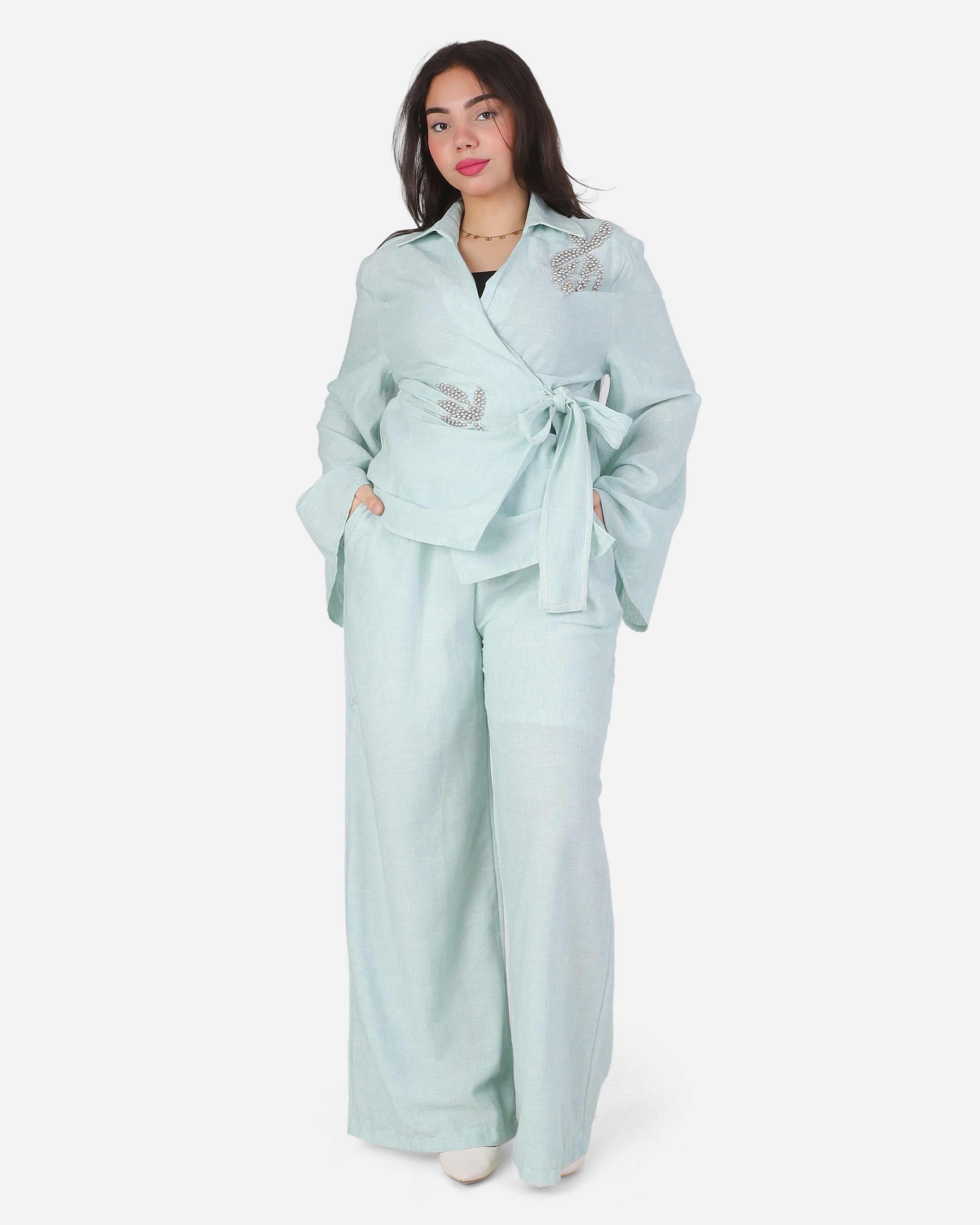 Elegant Linen-Blend Wrap Top & Wide-Leg Pants Set 2000/206