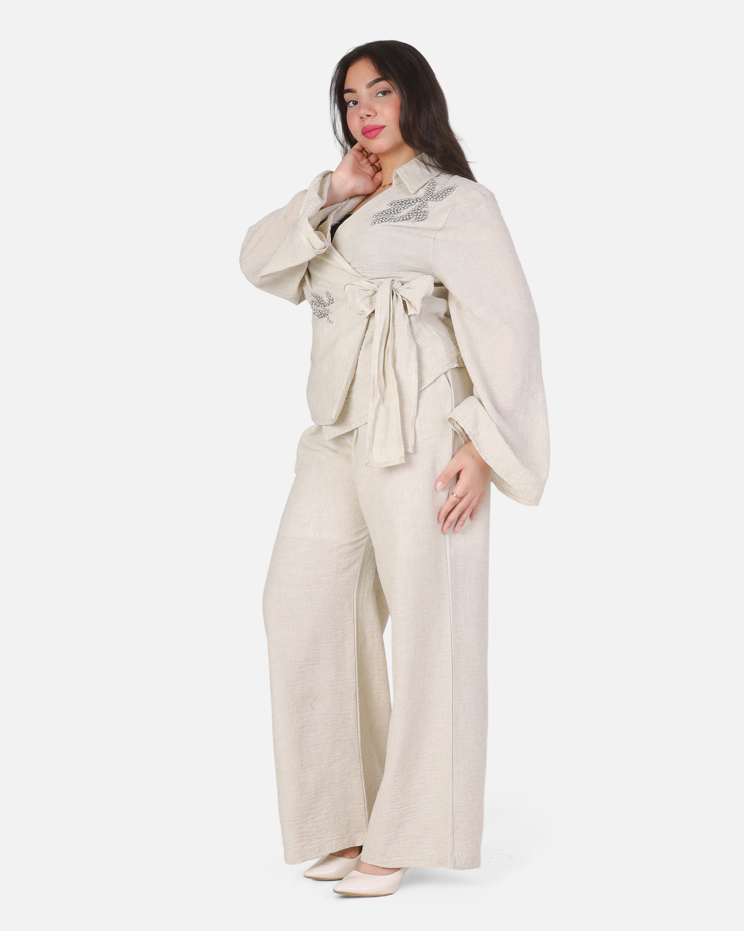 Elegant Linen-Blend Wrap Top & Wide-Leg Pants Set 2000/206