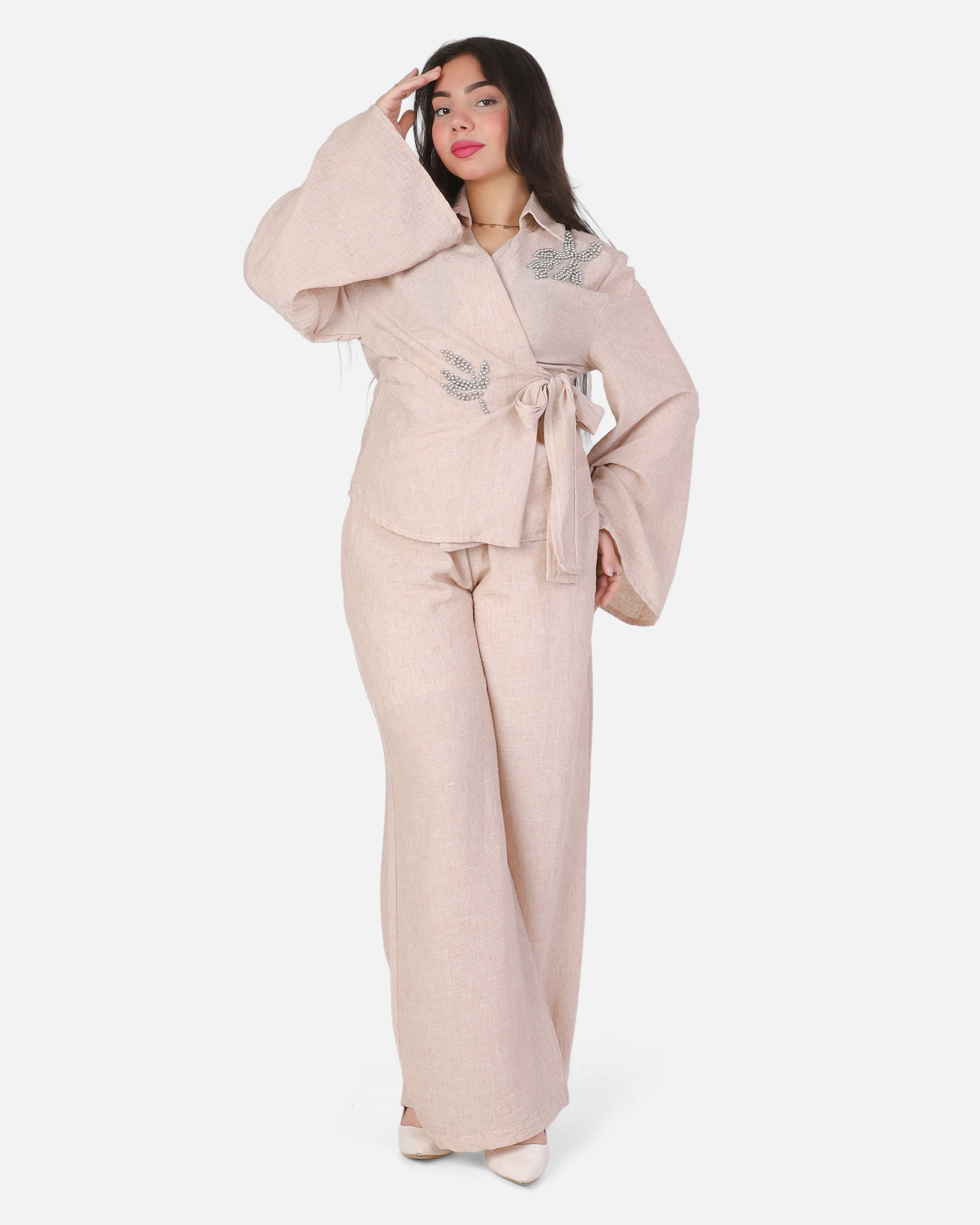 Elegant Linen-Blend Wrap Top & Wide-Leg Pants Set 2000/206