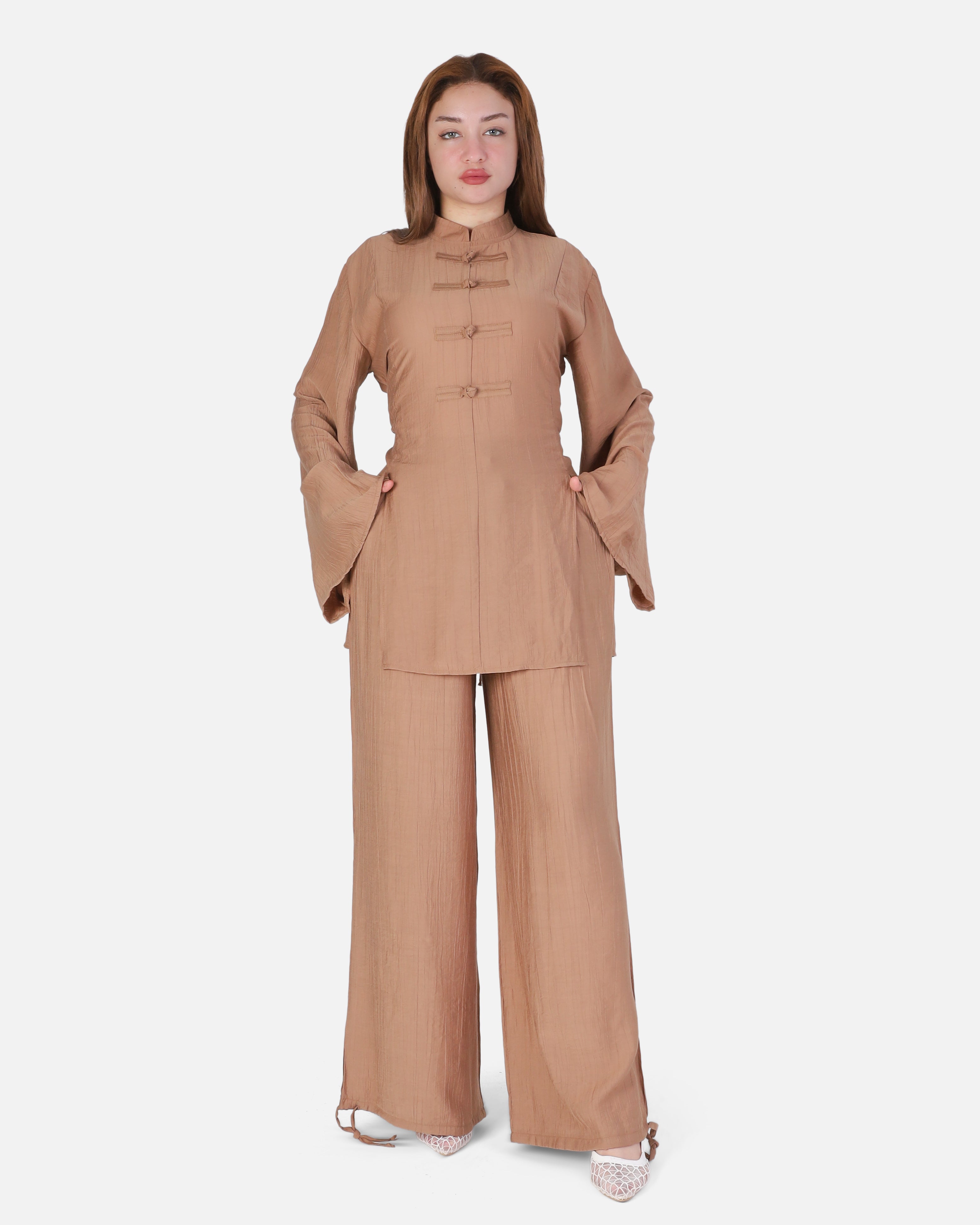 Chinese-Inspired Blouse & Pants Set with Back Tie 2000/260