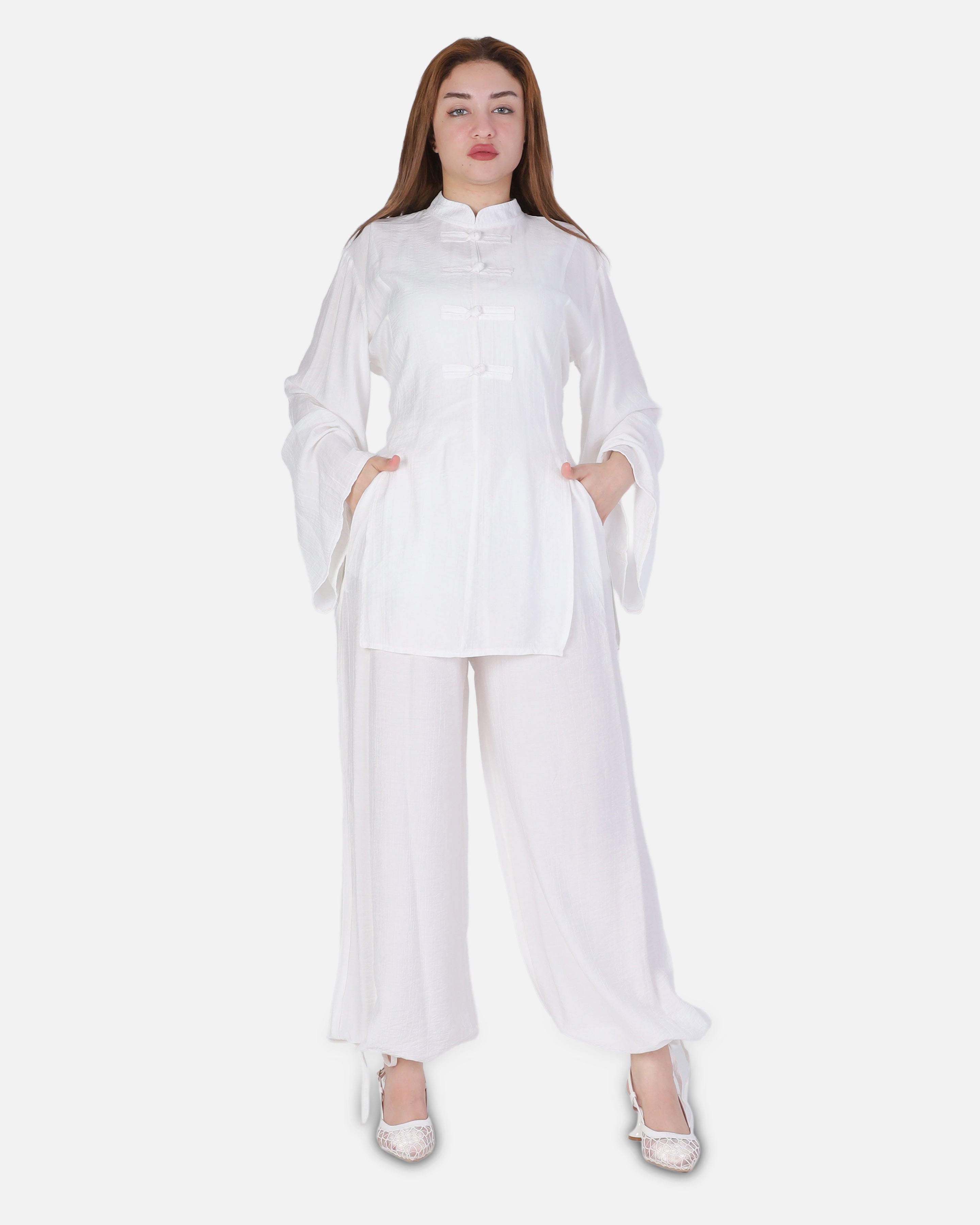Chinese-Inspired Blouse & Pants Set with Back Tie 2000/260