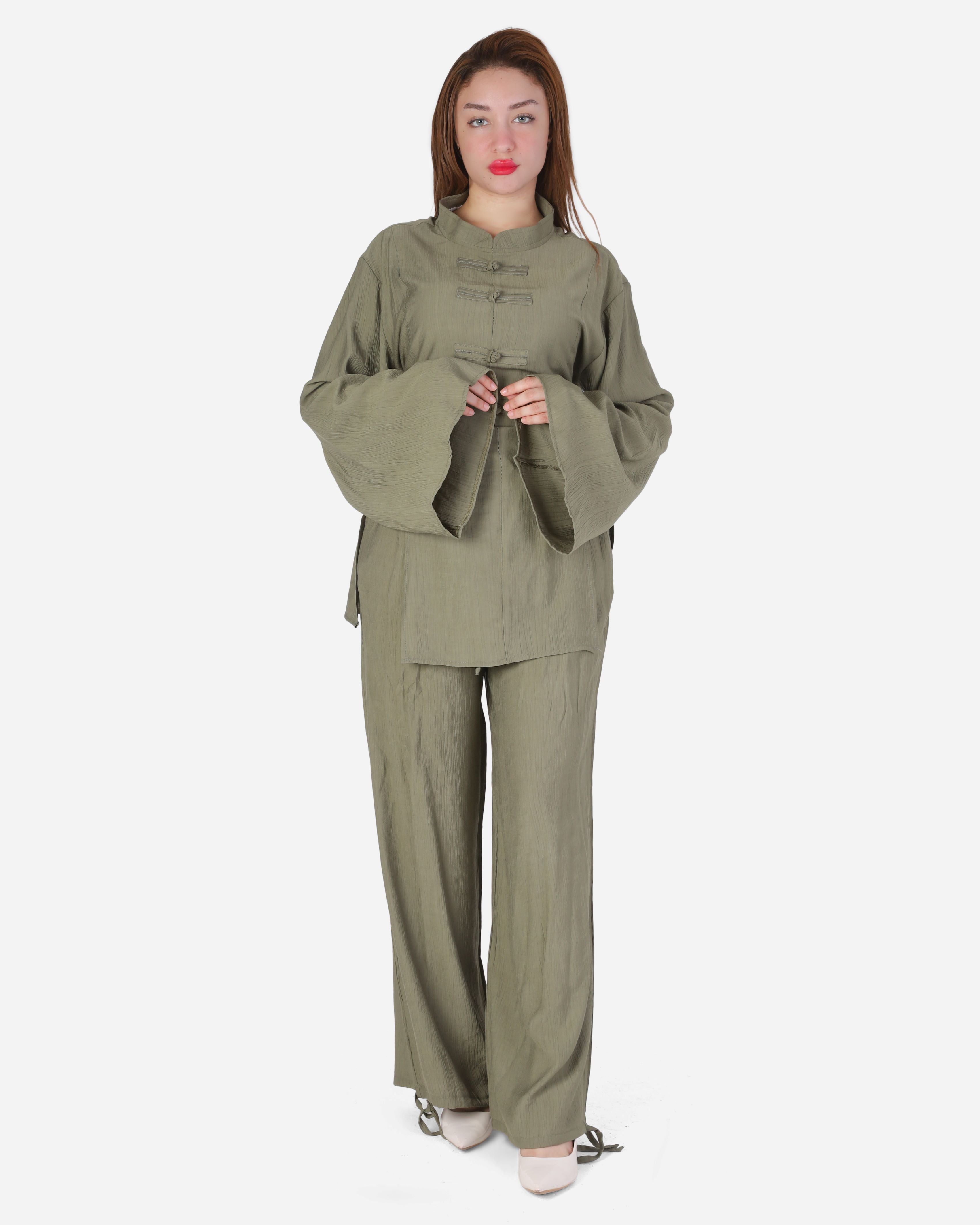Chinese-Inspired Blouse & Pants Set with Back Tie 2000/260