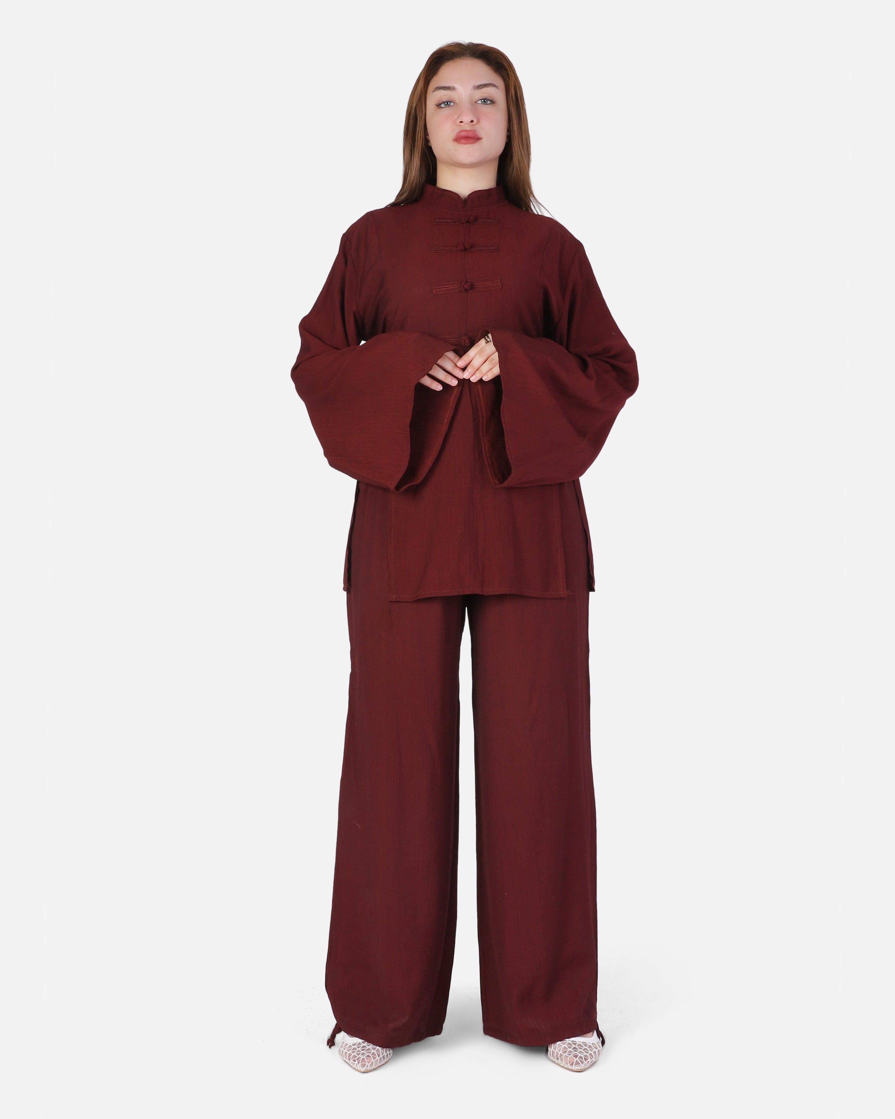 Chinese-Inspired Blouse & Pants Set with Back Tie 2000/260