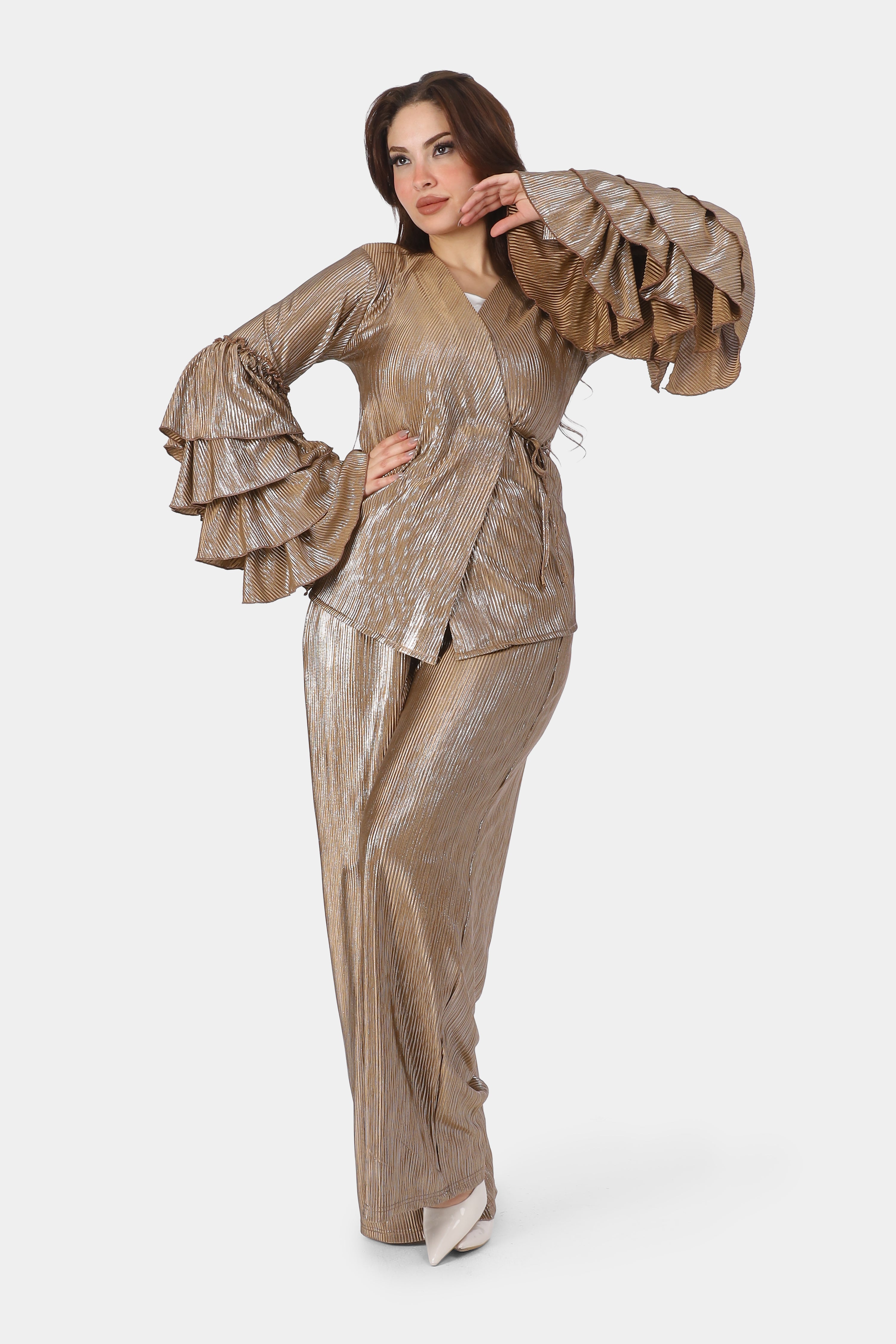Metallic Wrap Blouse & Wide-Leg Pants Ensemble 2002/068/1