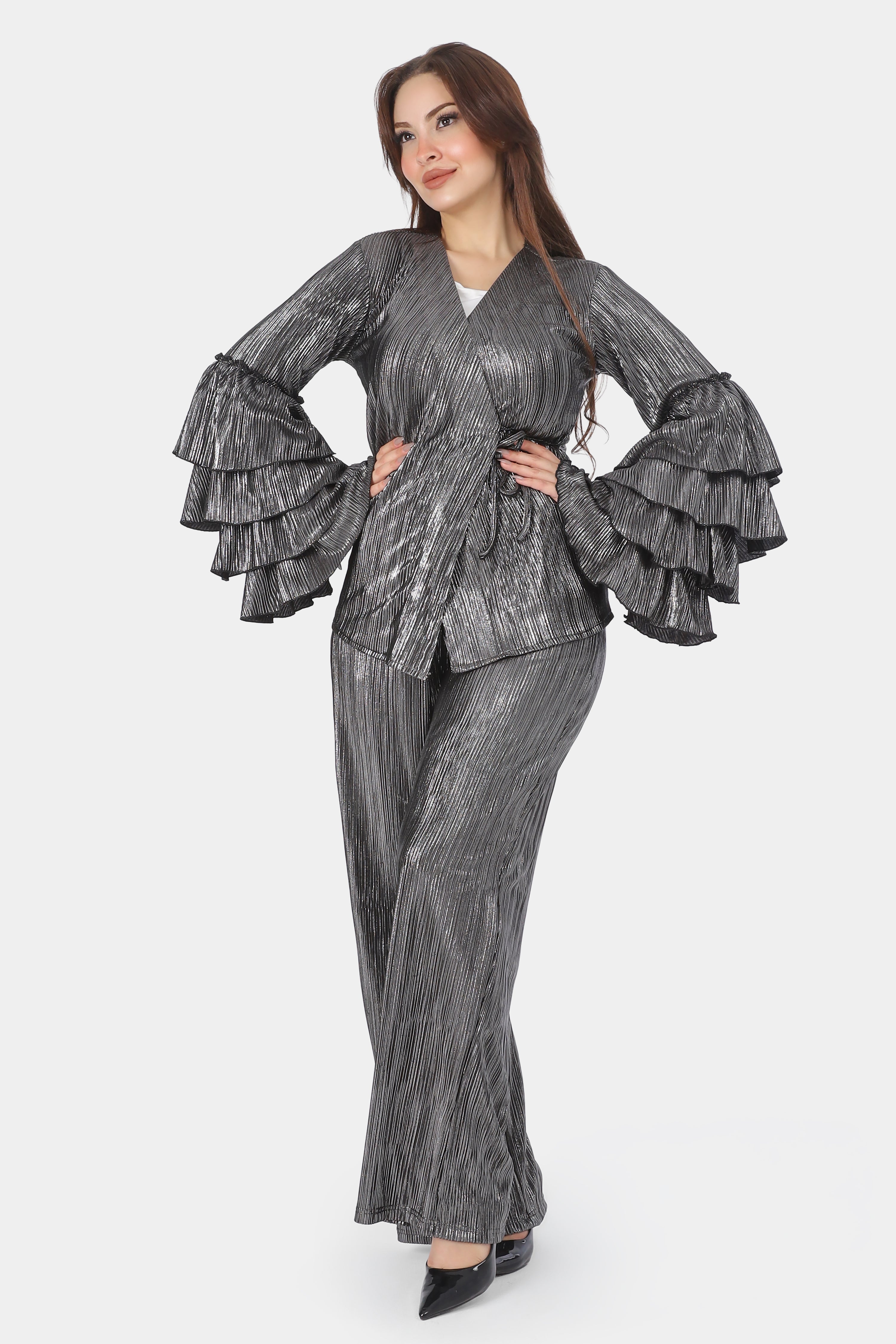 Metallic Wrap Blouse & Wide-Leg Pants Ensemble 2002/068/1