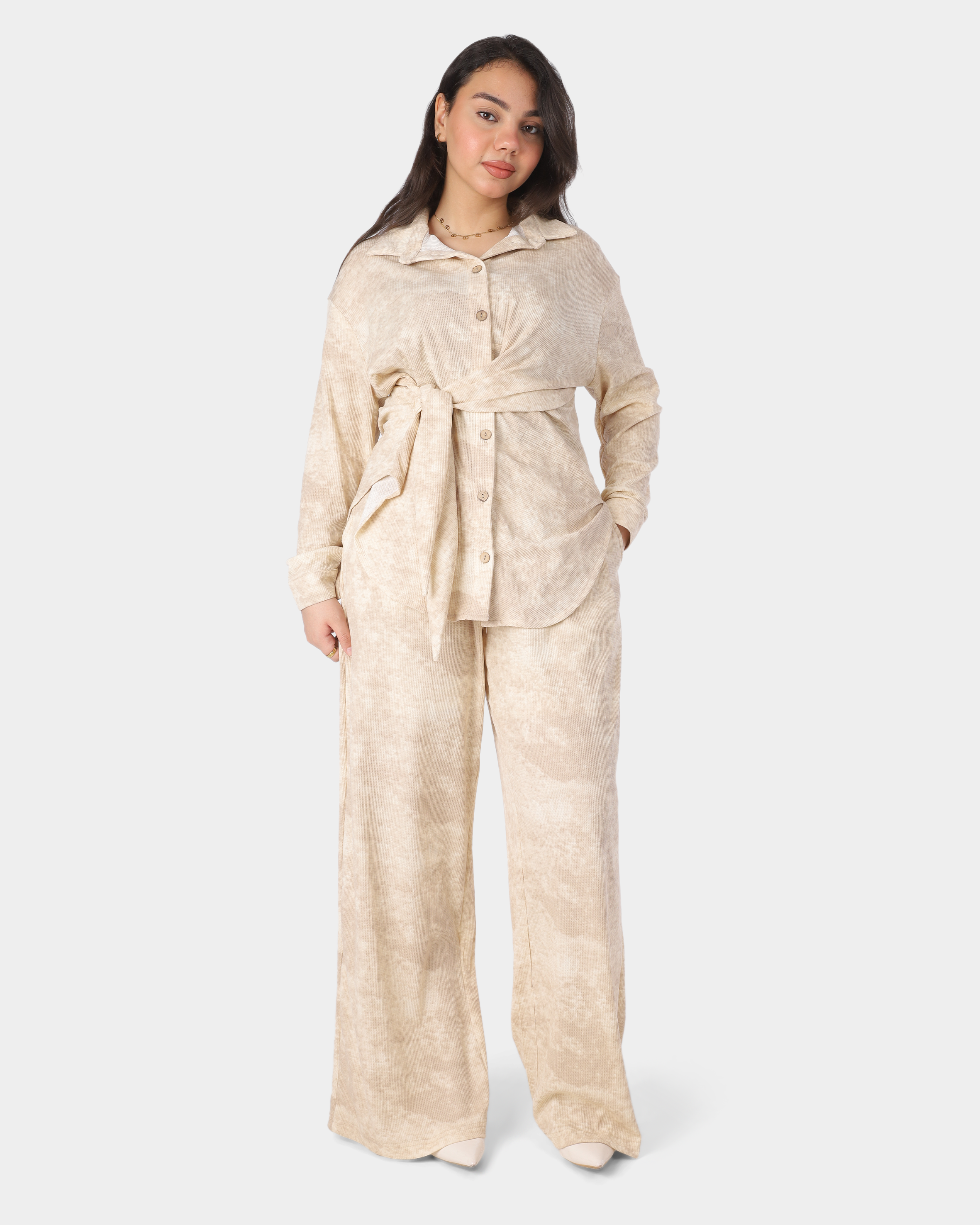 Two-Piece Pants Set with Button-Up Blouse & Side Tie 2002/143/1