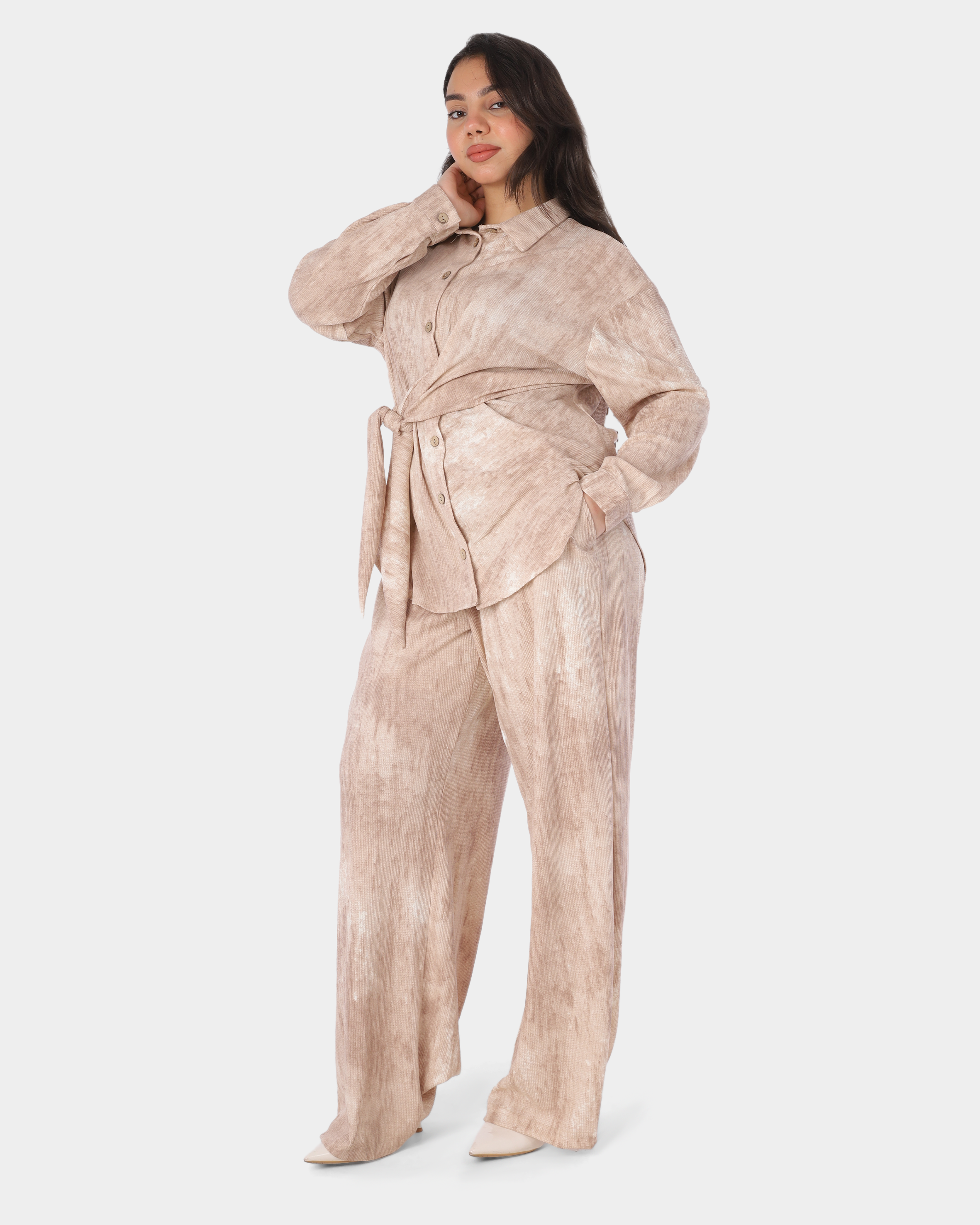 Two-Piece Pants Set with Button-Up Blouse & Side Tie 2002/143/1