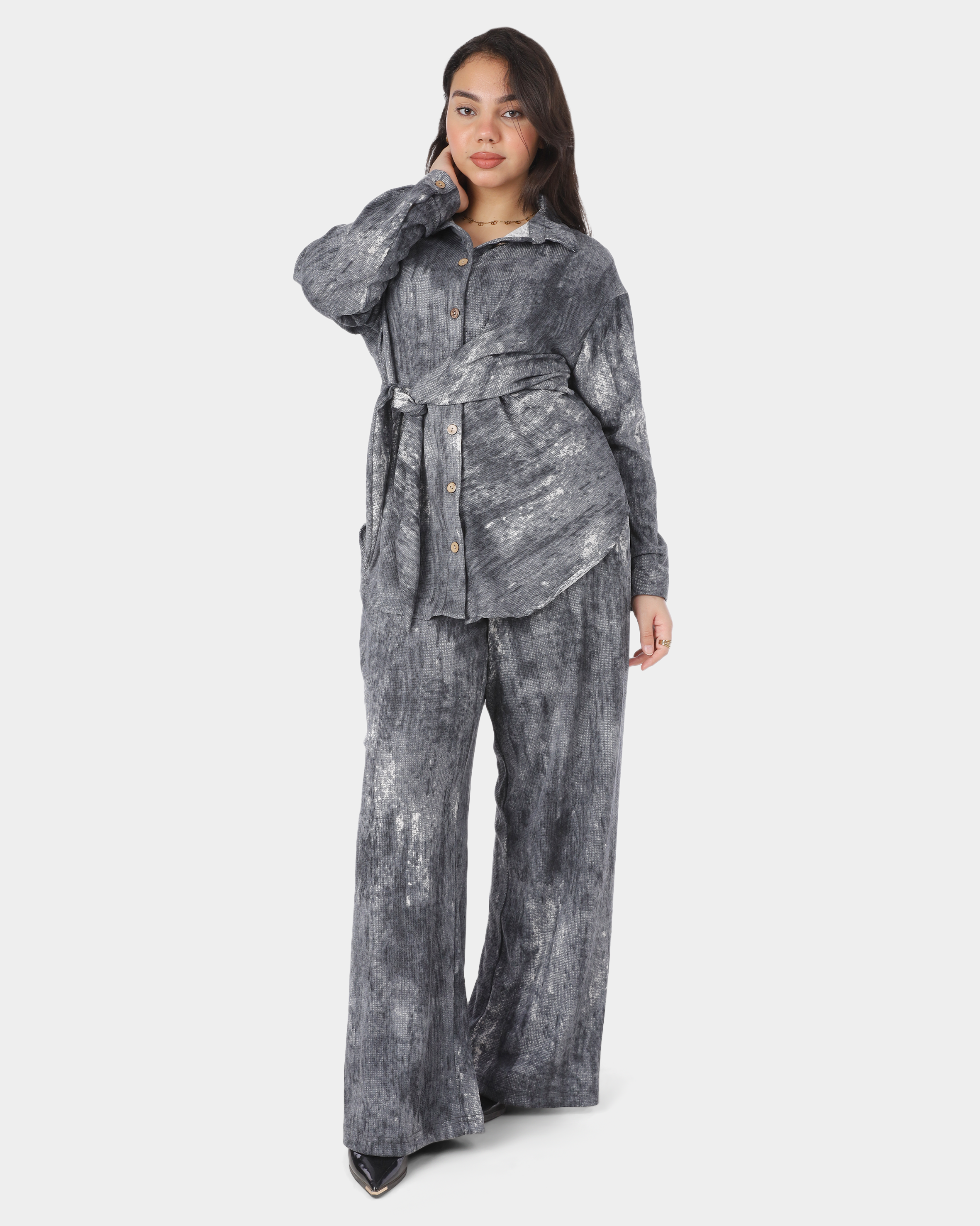 Two-Piece Pants Set with Button-Up Blouse & Side Tie 2002/143/1