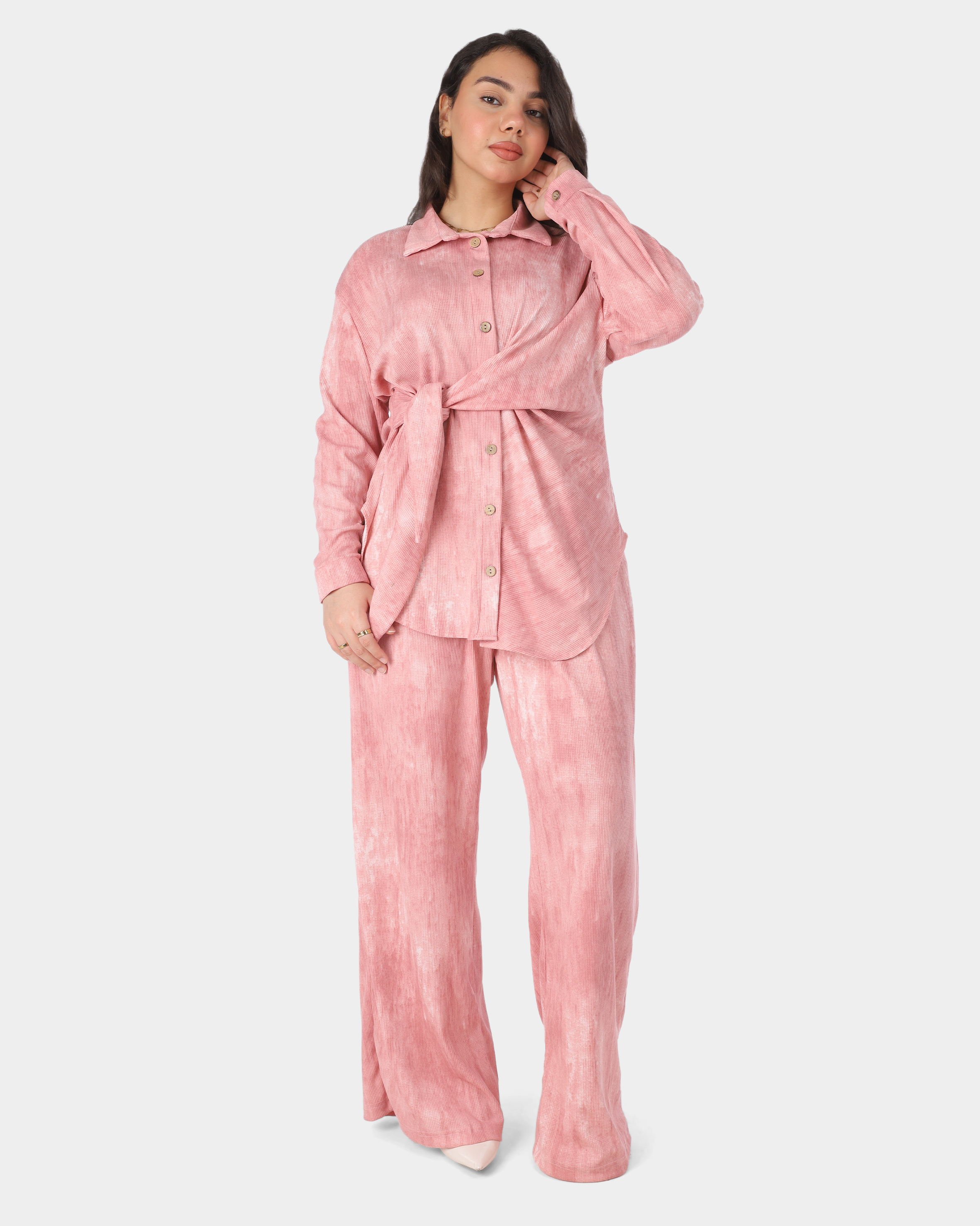 Two-Piece Pants Set with Button-Up Blouse & Side Tie 2002/143/1