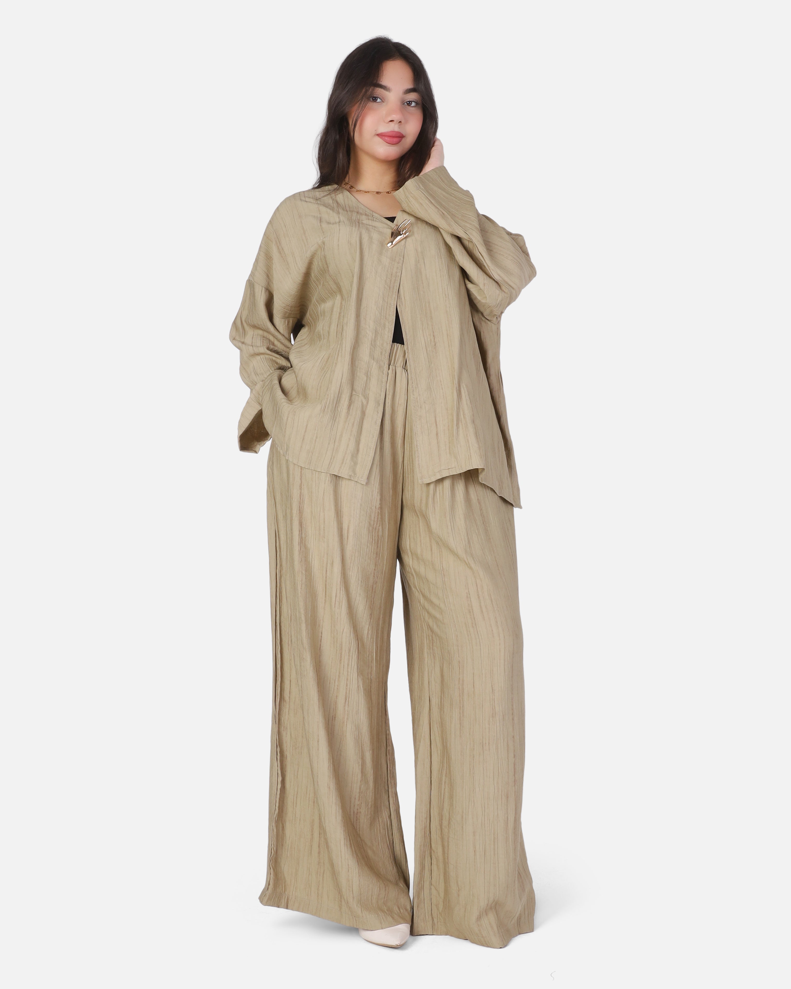Casual Open-Front Blouse & Wide-Leg Pants Set 2002/237