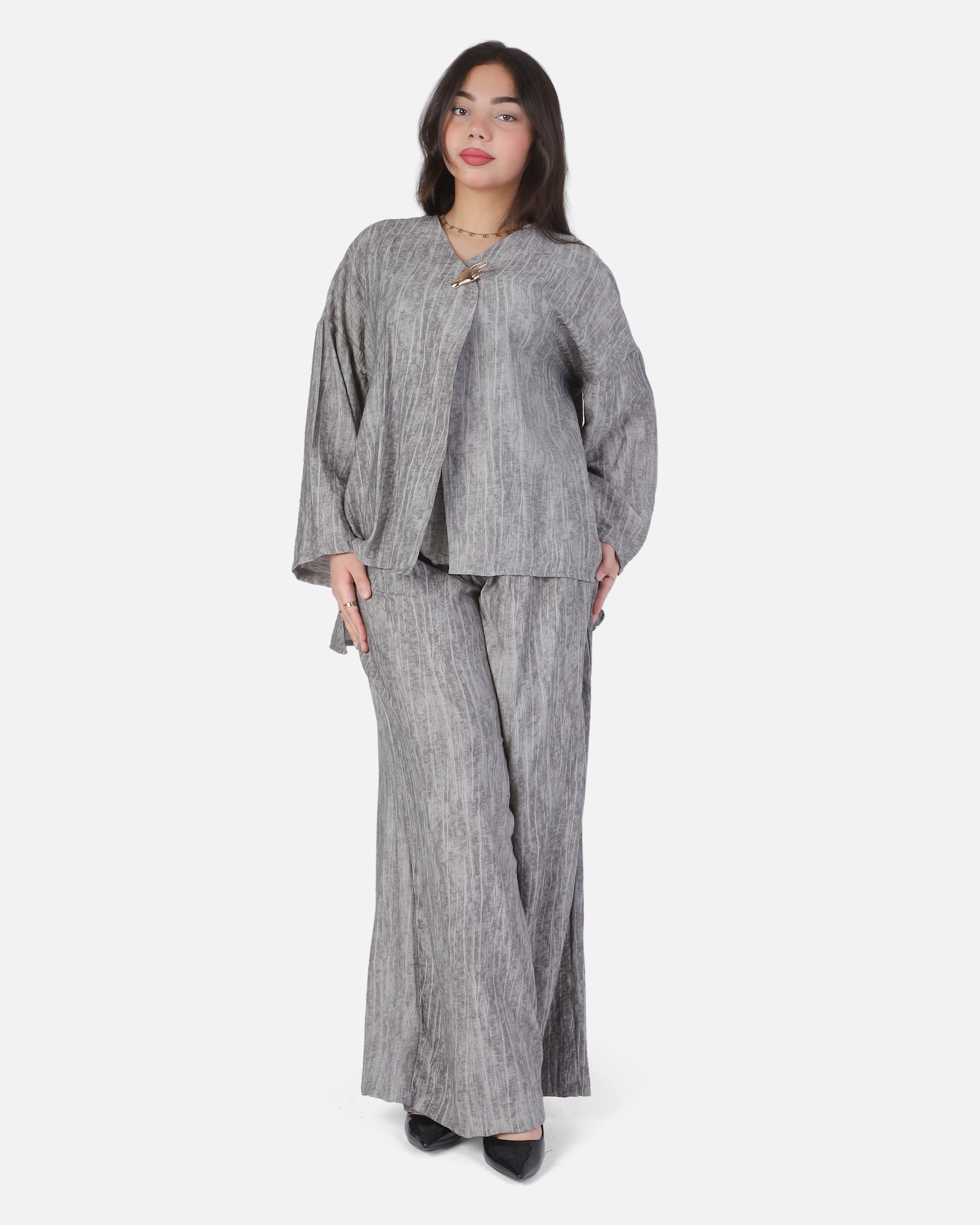 Casual Open-Front Blouse & Wide-Leg Pants Set 2002/237