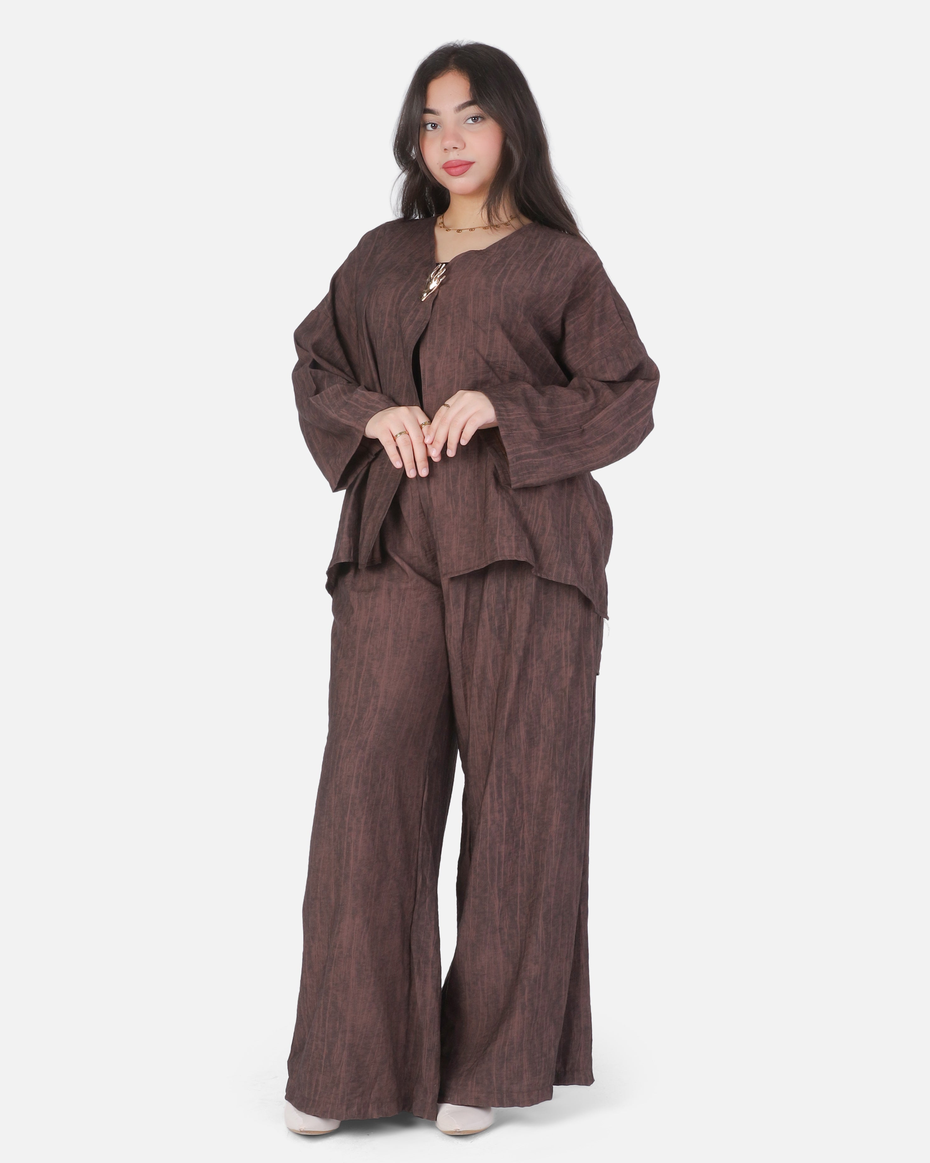 Casual Open-Front Blouse & Wide-Leg Pants Set 2002/237