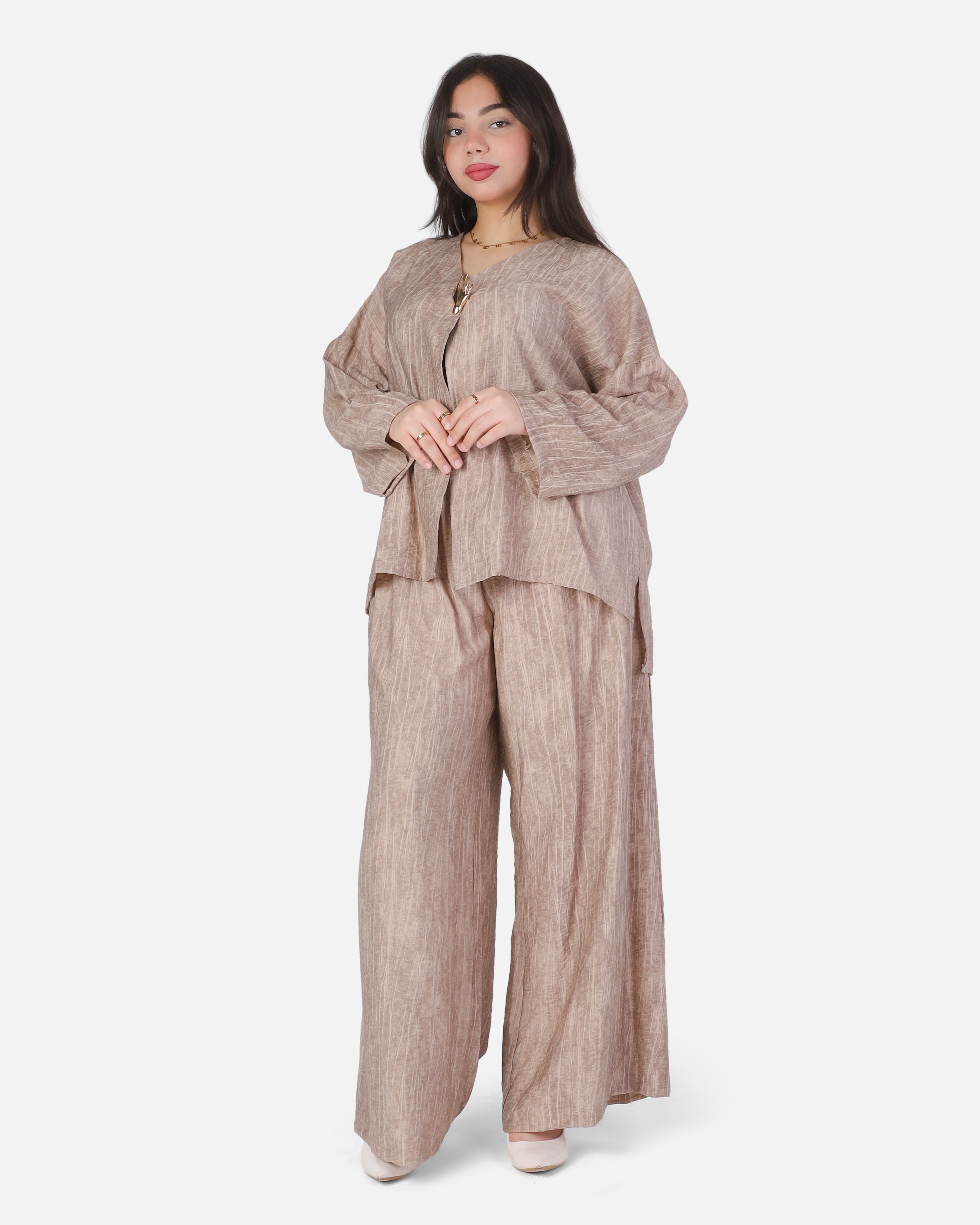 Casual Open-Front Blouse & Wide-Leg Pants Set 2002/237