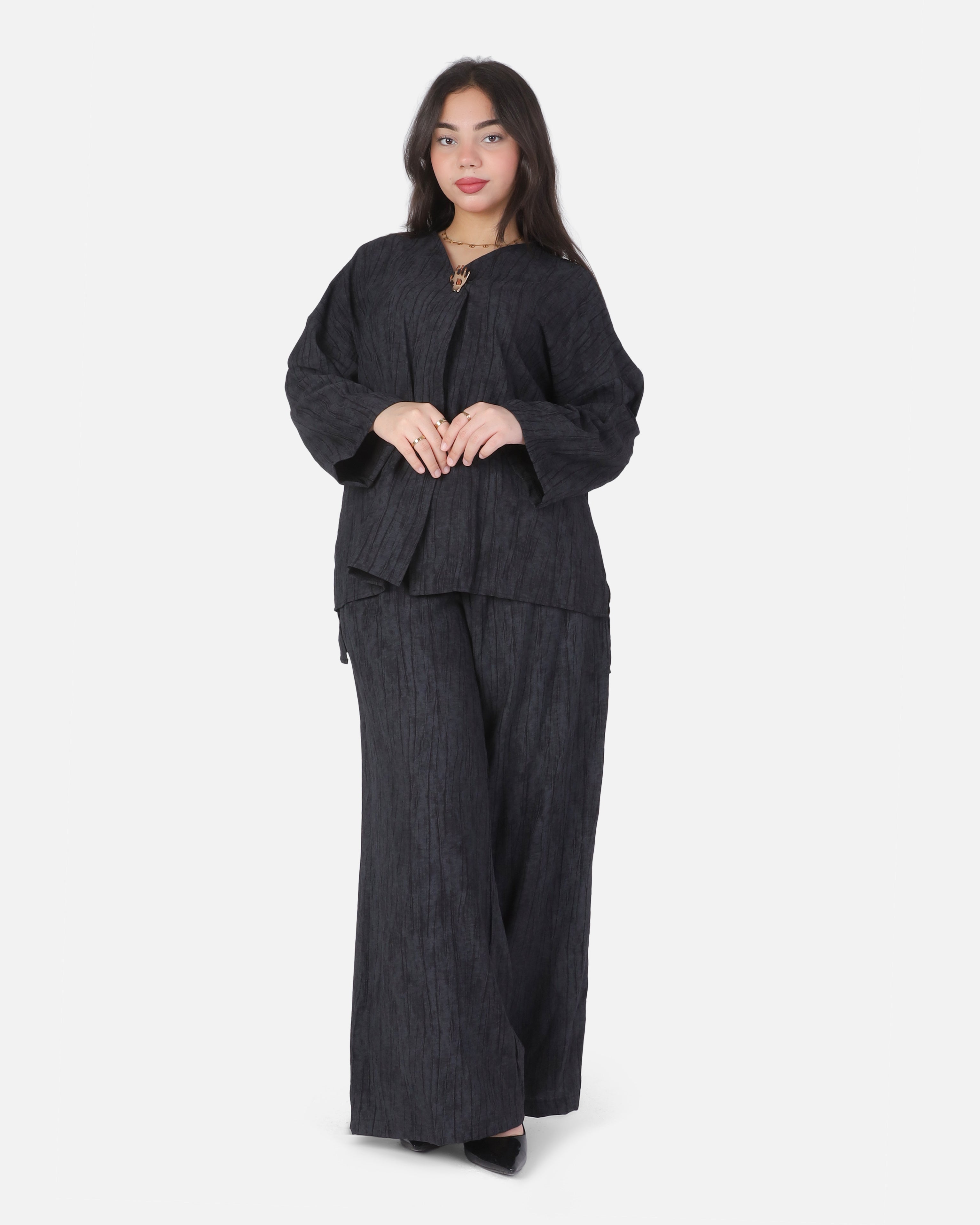 Casual Open-Front Blouse & Wide-Leg Pants Set 2002/237