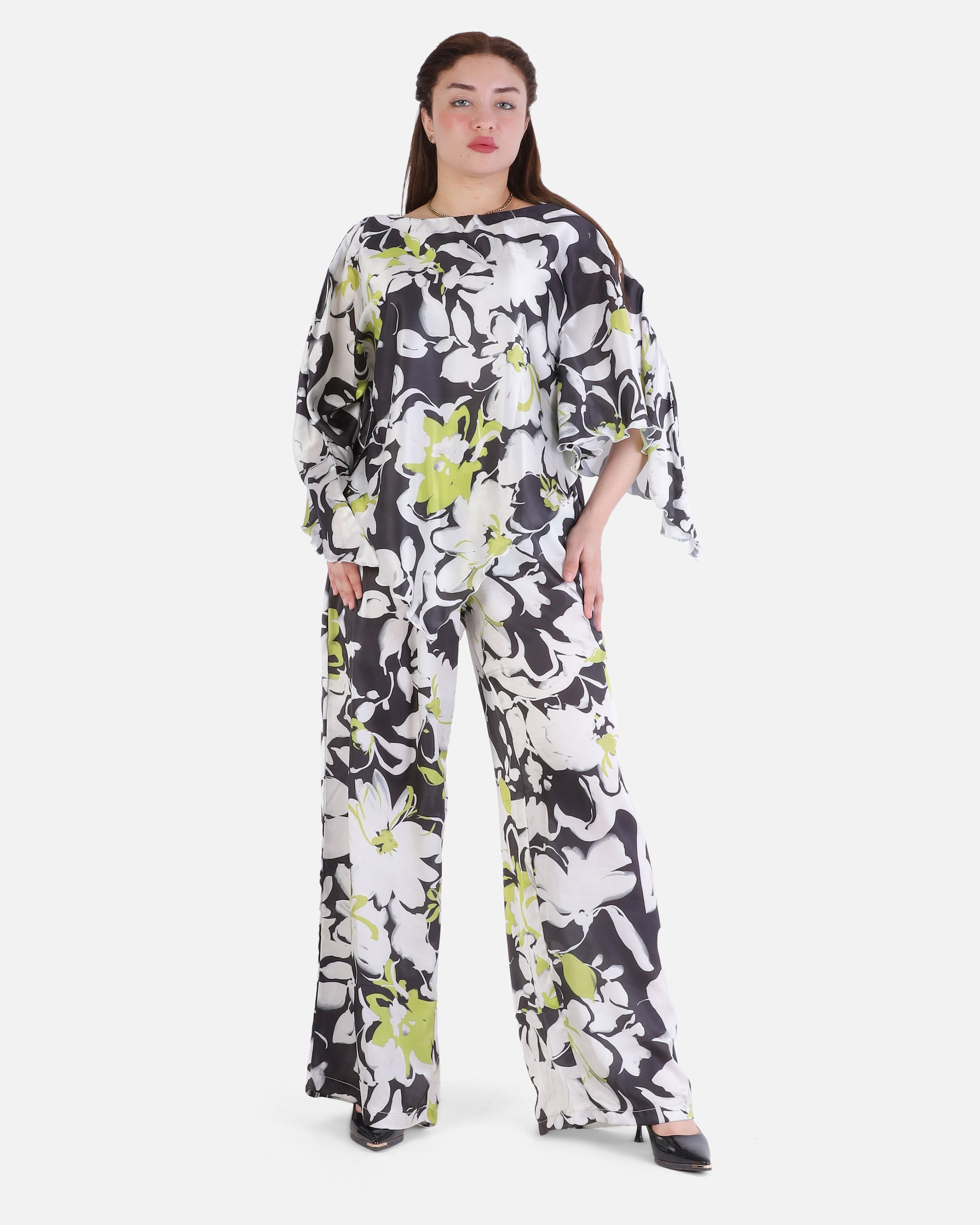 Floral Satin Print Wide-Leg Two-Piece Set 2002/274/1