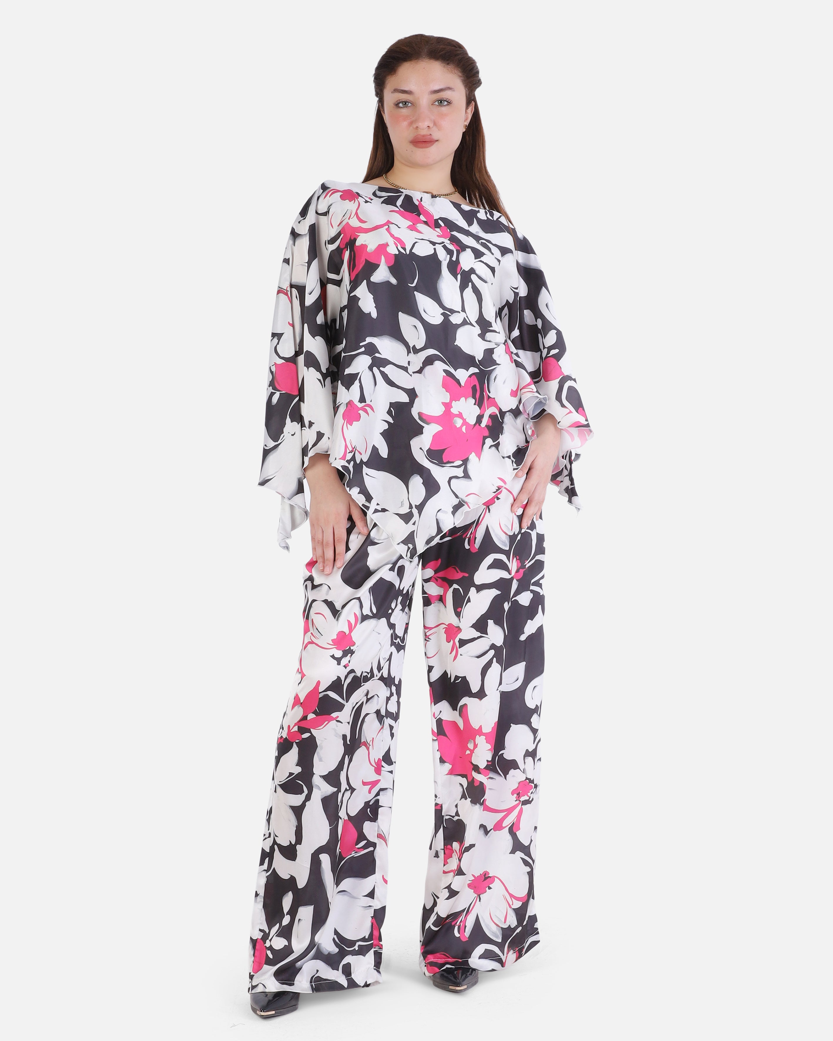 Floral Satin Print Wide-Leg Two-Piece Set 2002/274/1