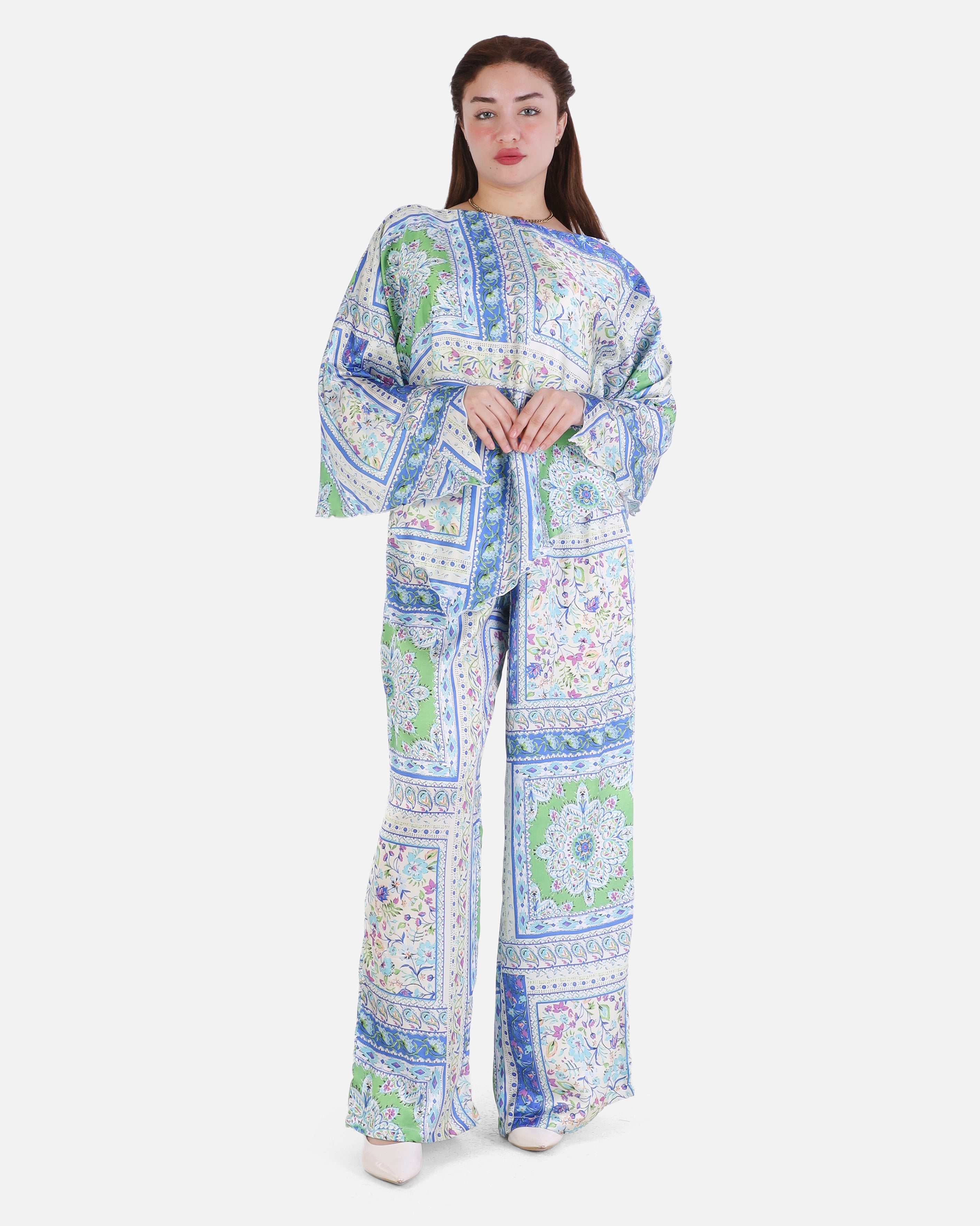 Floral Satin Paisley Print Wide-Leg Two-Piece Set 2002/274
