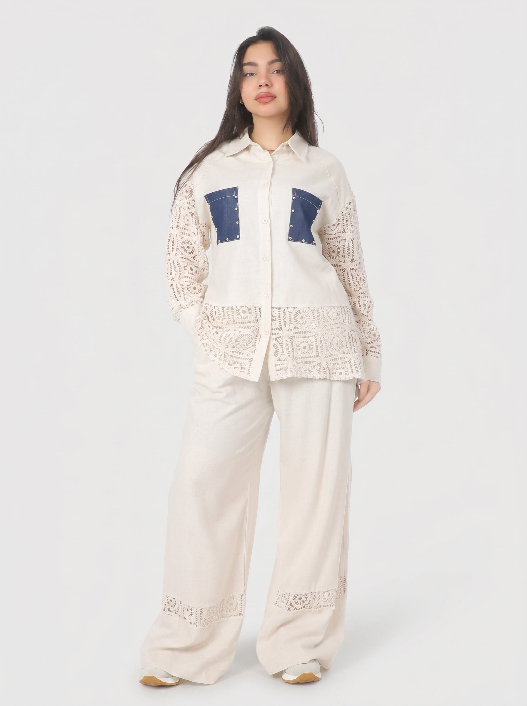 Lace Panel Shirt & Wide-Leg Pants Co-Ord Set 2003/059