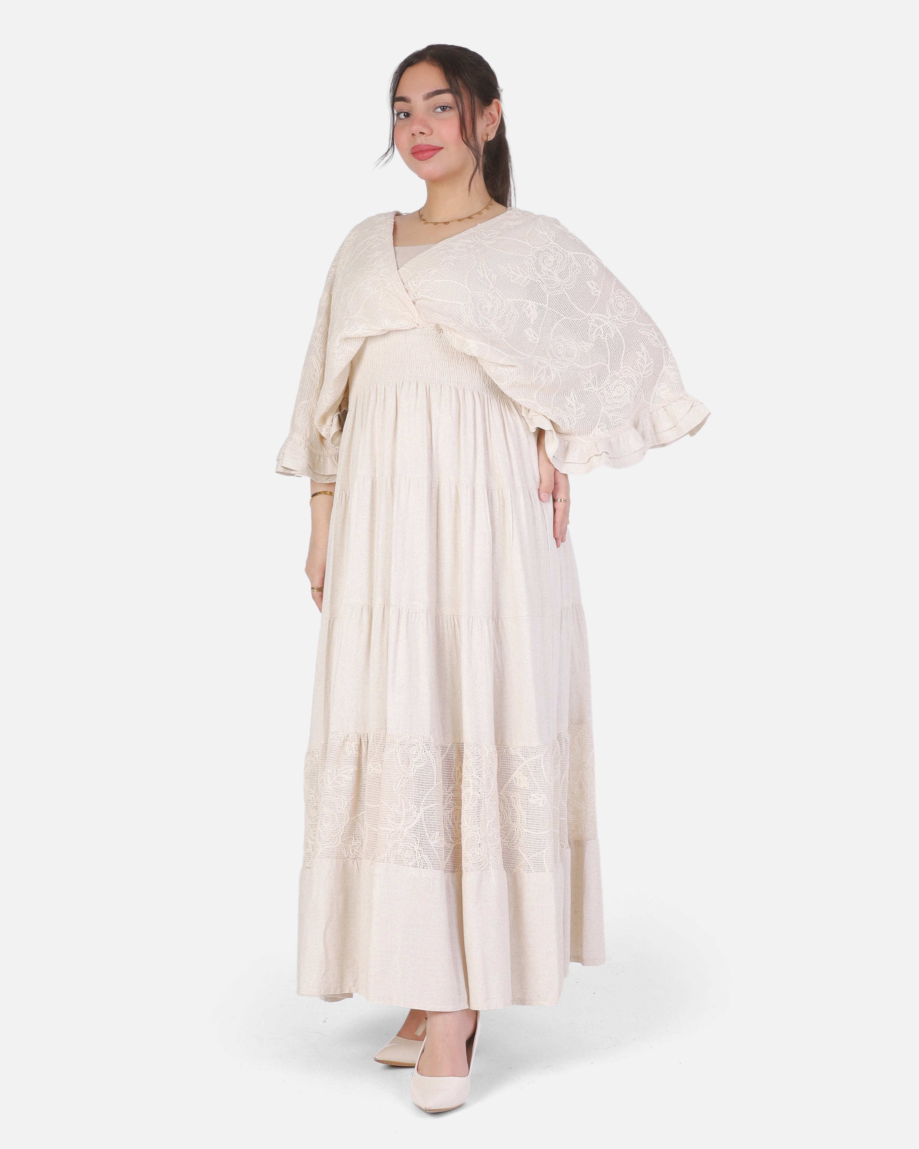 Linen Maxi Dress with Lace Sleeves 2003/070