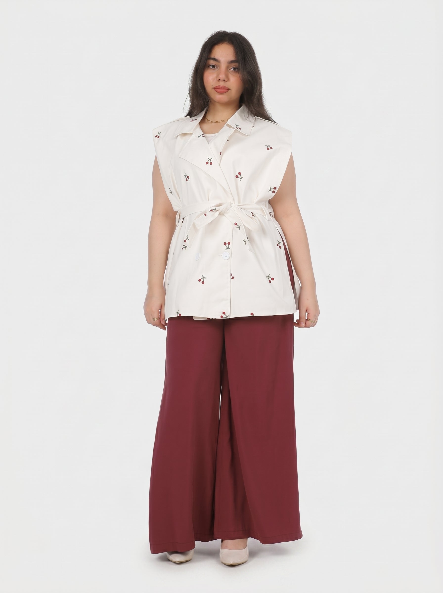Long Sleeveless Gabardine Jacket with Waist Belt 2003/095