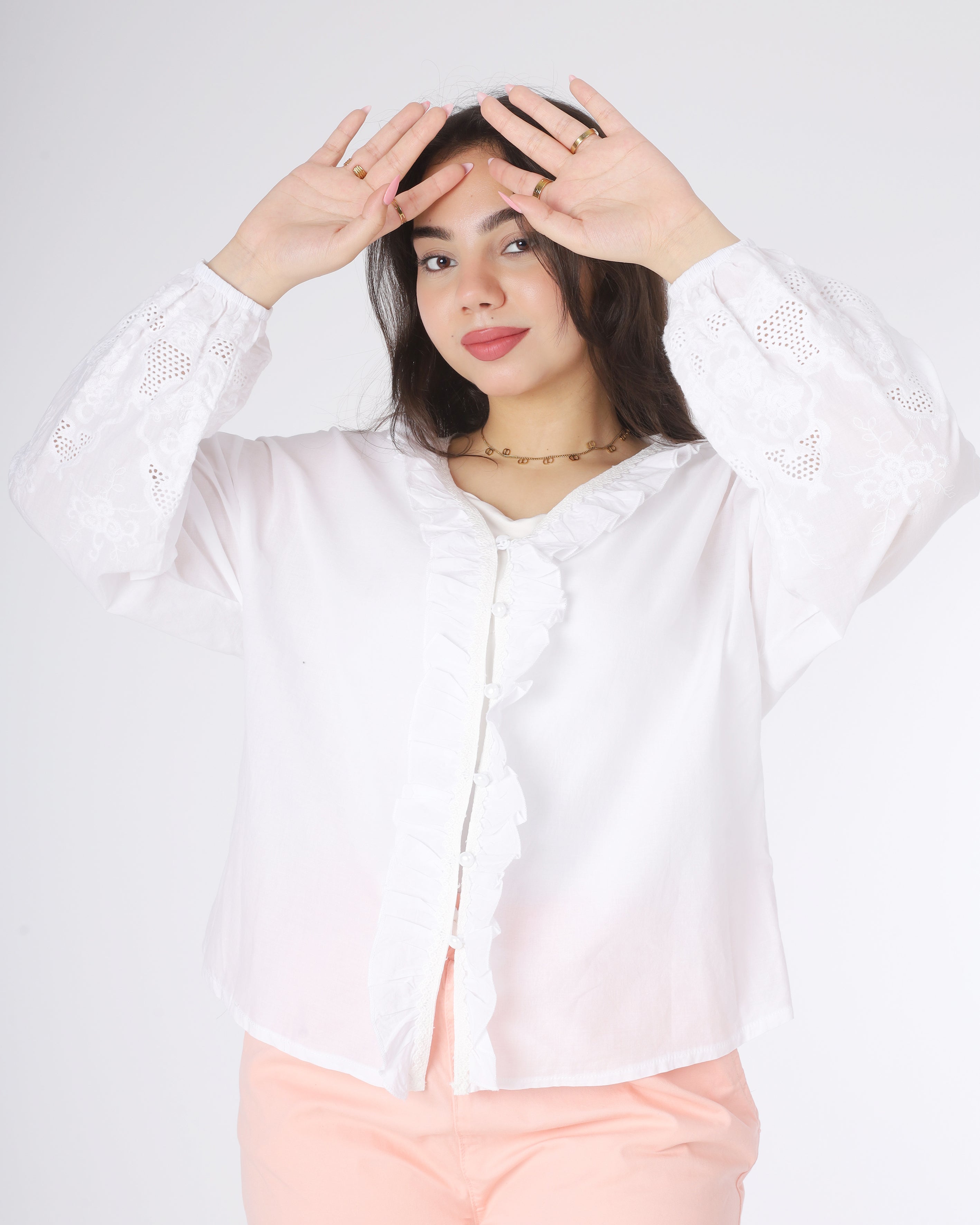 Elegant White Ruffle Front Blouse 2003/166/1