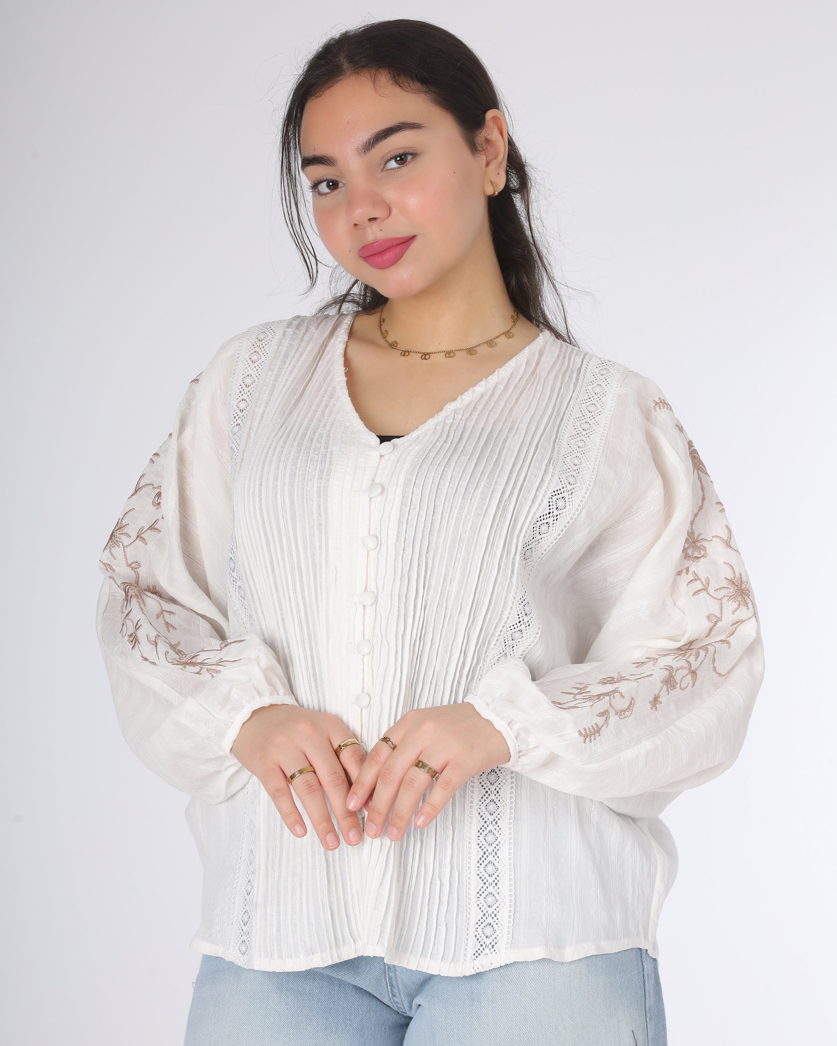 Elegant V-Neck Embroidered Sleeve Blouse 2003/175