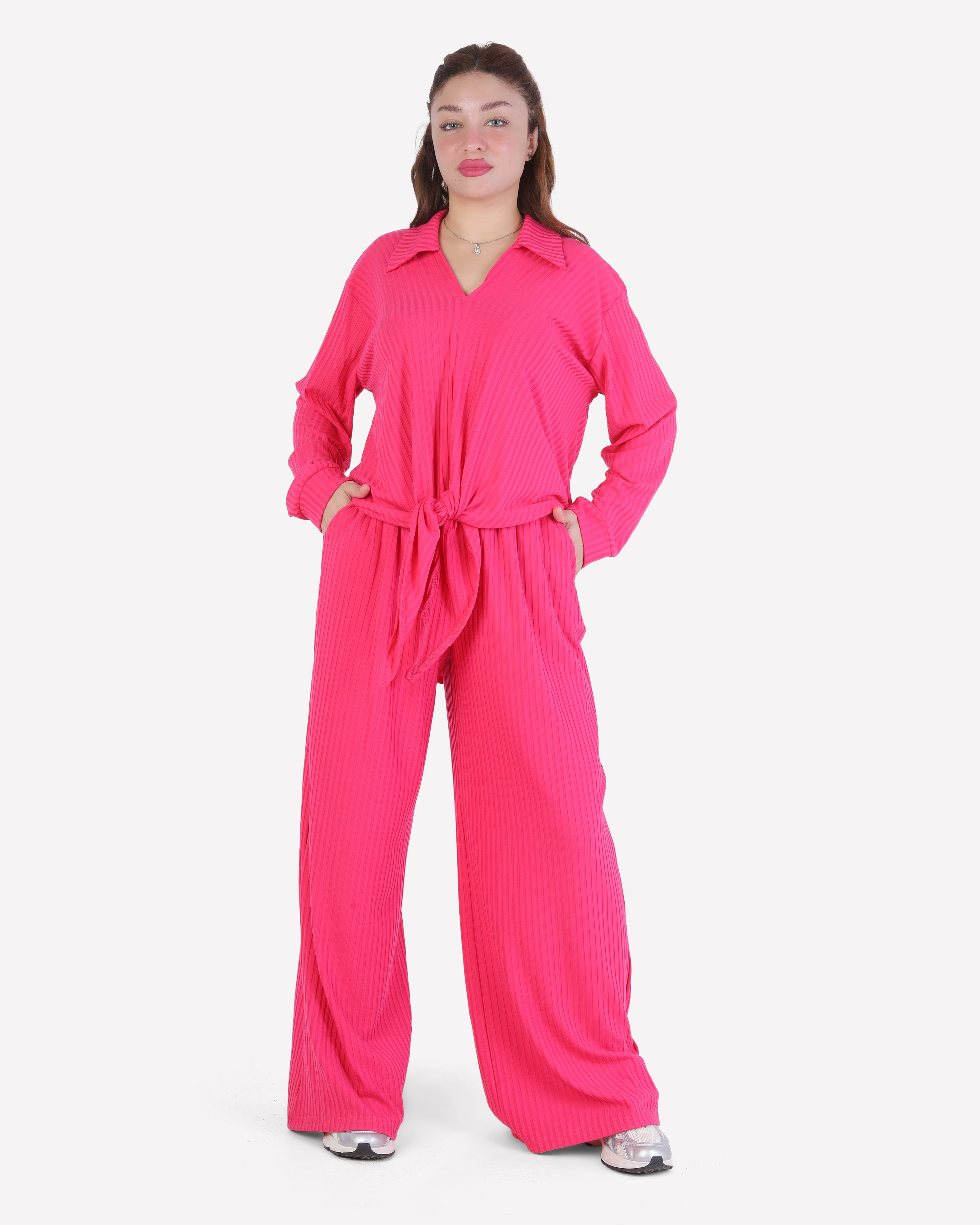 Ribbed Front Tie Blouse & Wide-Leg Pants Set 2003/201/2