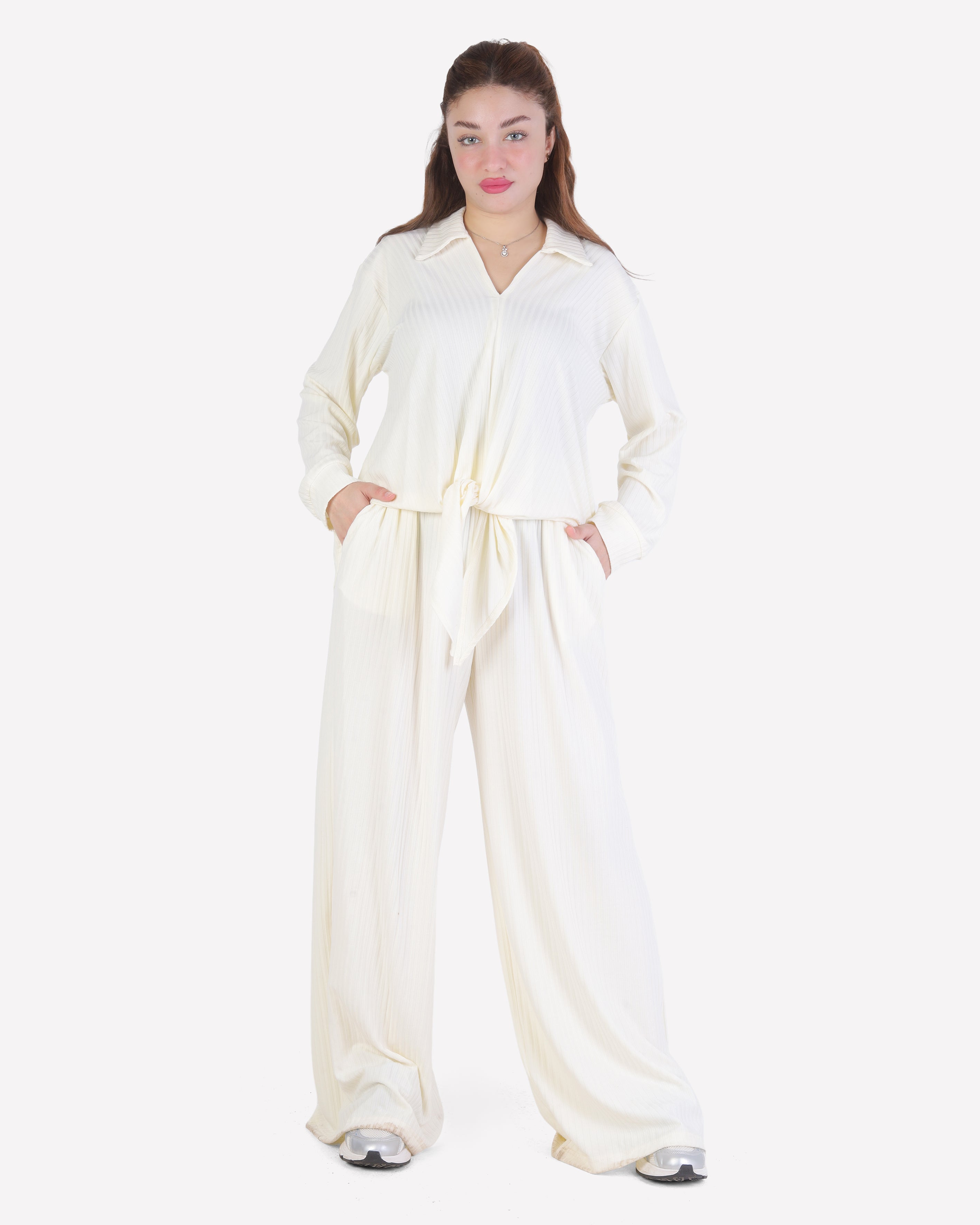 Ribbed Front Tie Blouse & Wide-Leg Pants Set 2003/201/2