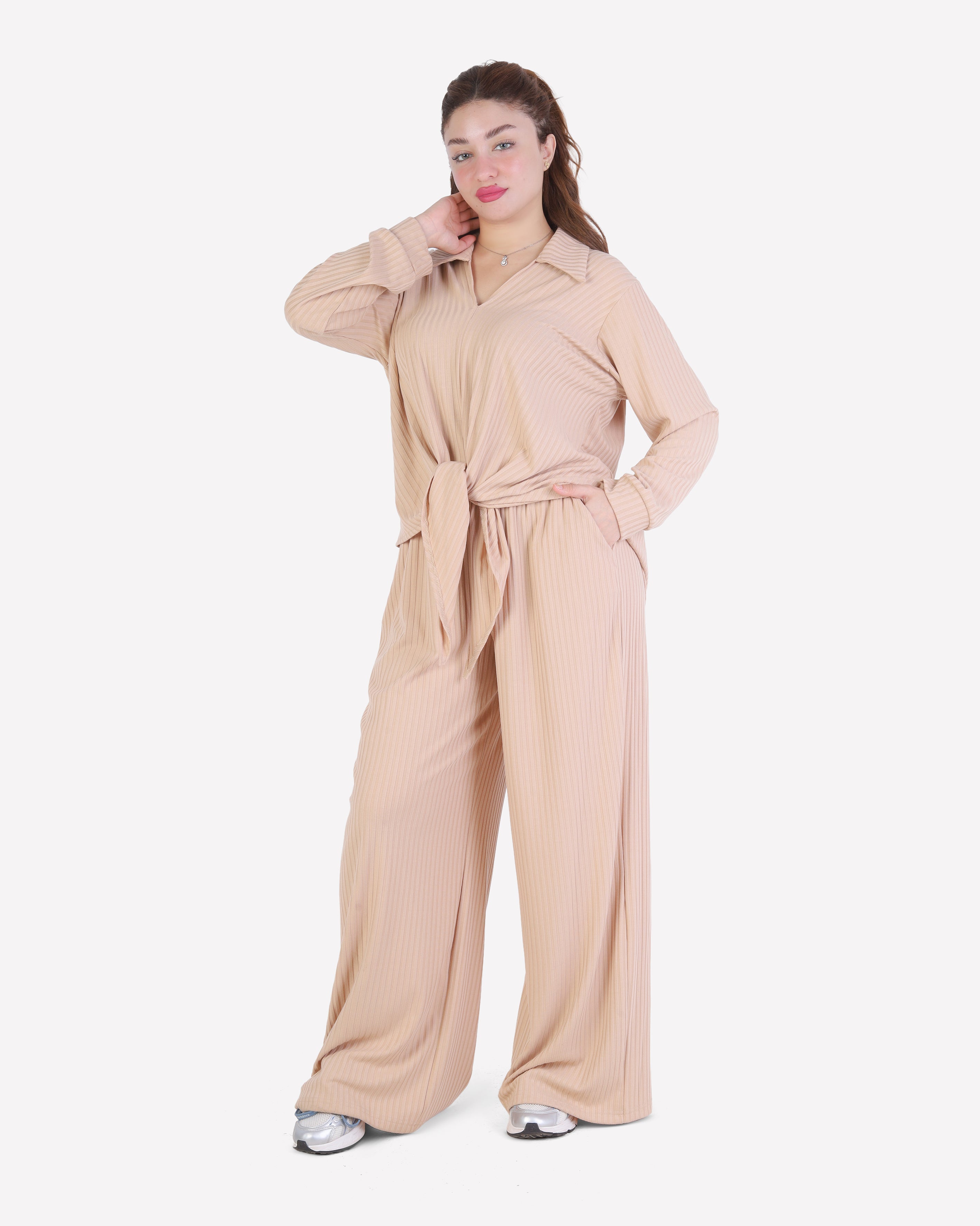 Ribbed Front Tie Blouse & Wide-Leg Pants Set 2003/201/2