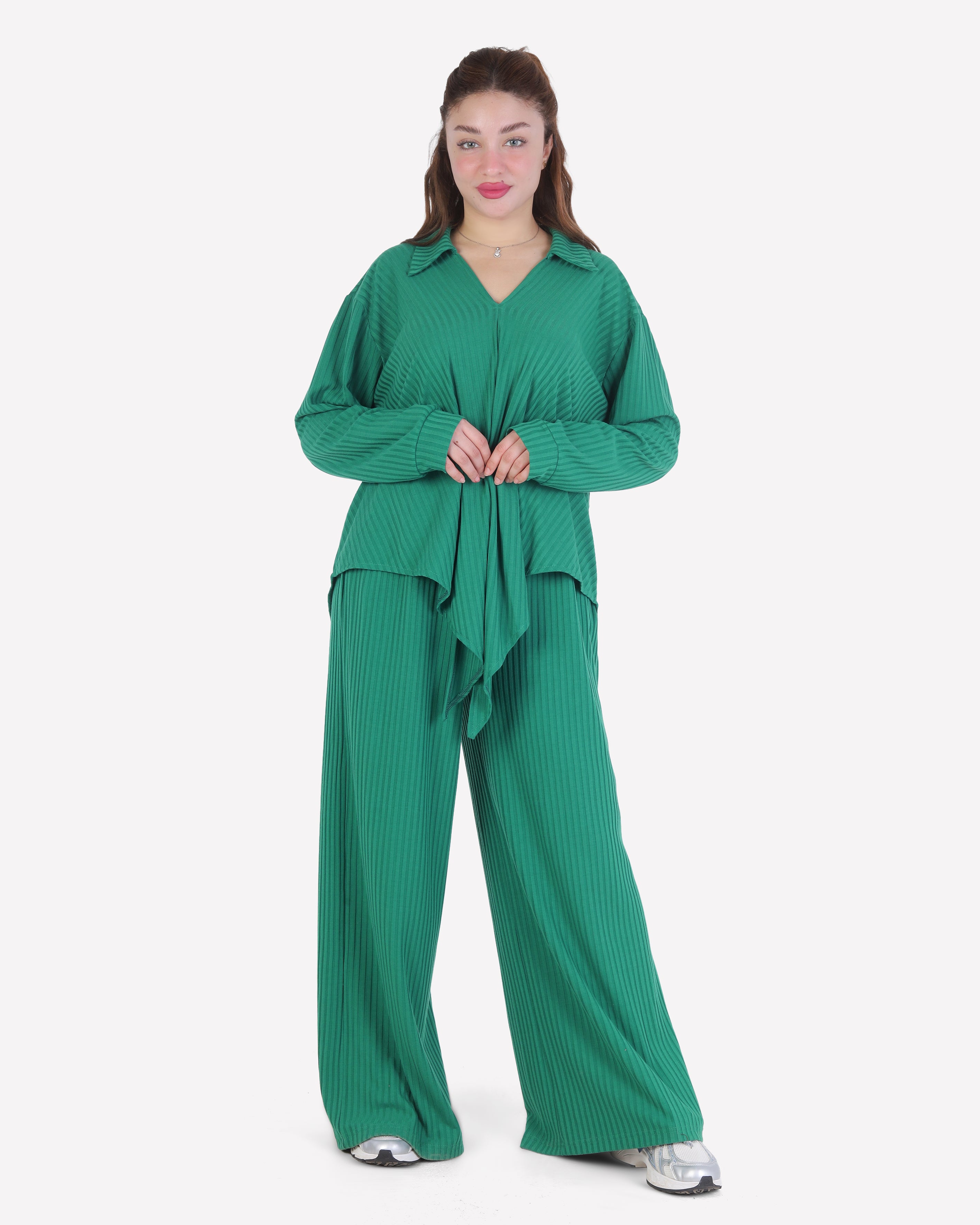 Ribbed Front Tie Blouse & Wide-Leg Pants Set 2003/201/2