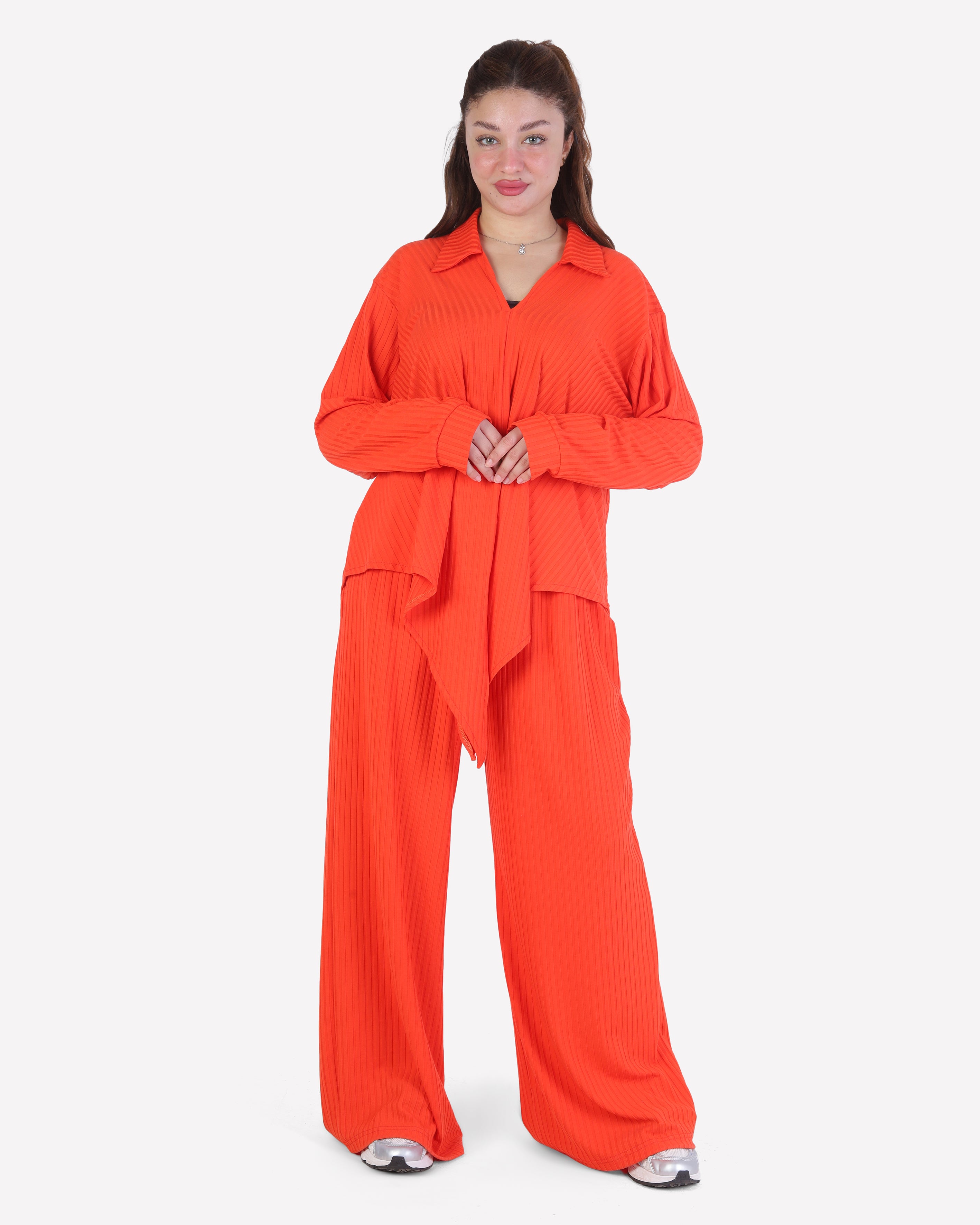 Ribbed Front Tie Blouse & Wide-Leg Pants Set 2003/201/2