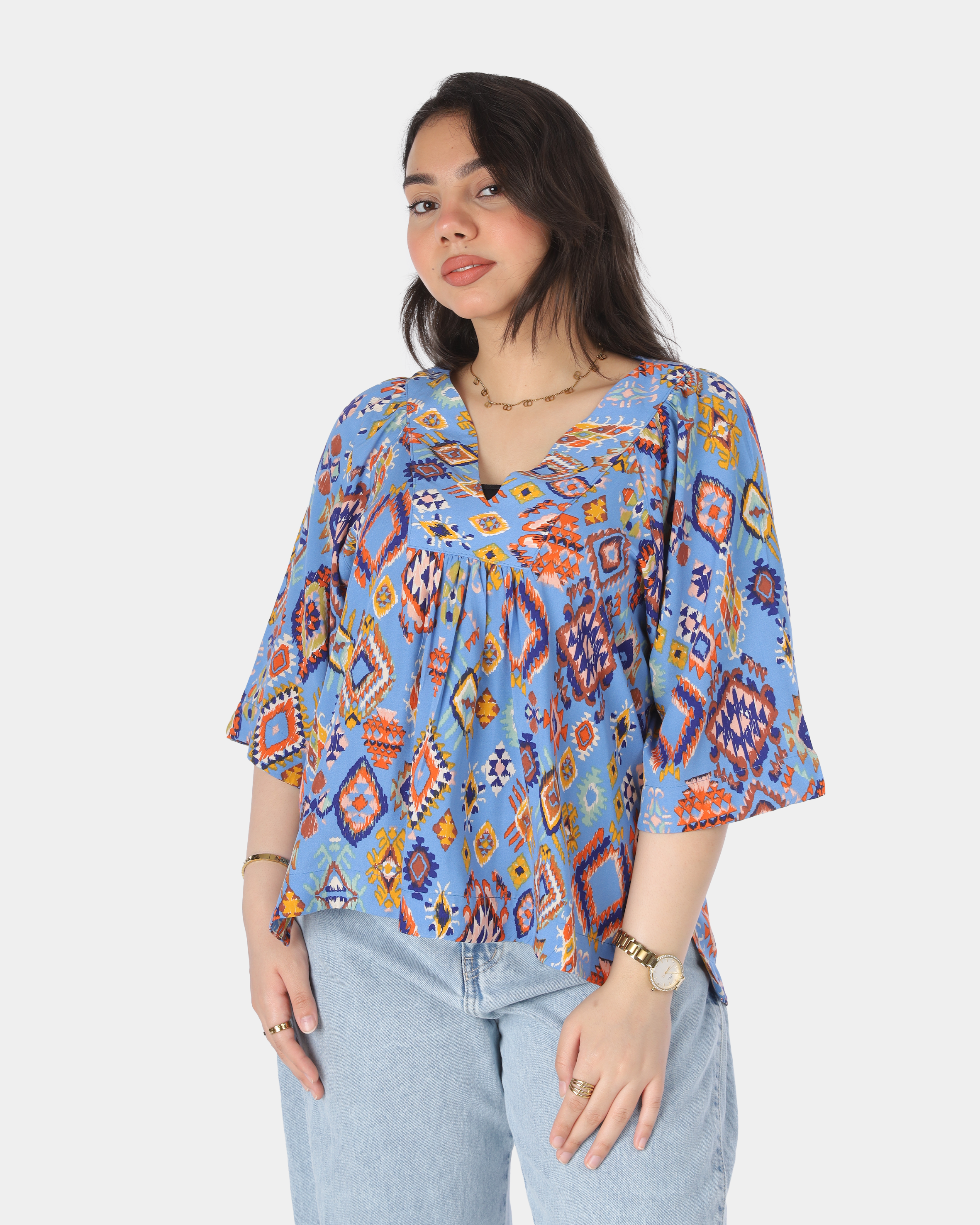 Printed Short Sleeve V-Neck Blouse2006/098/1