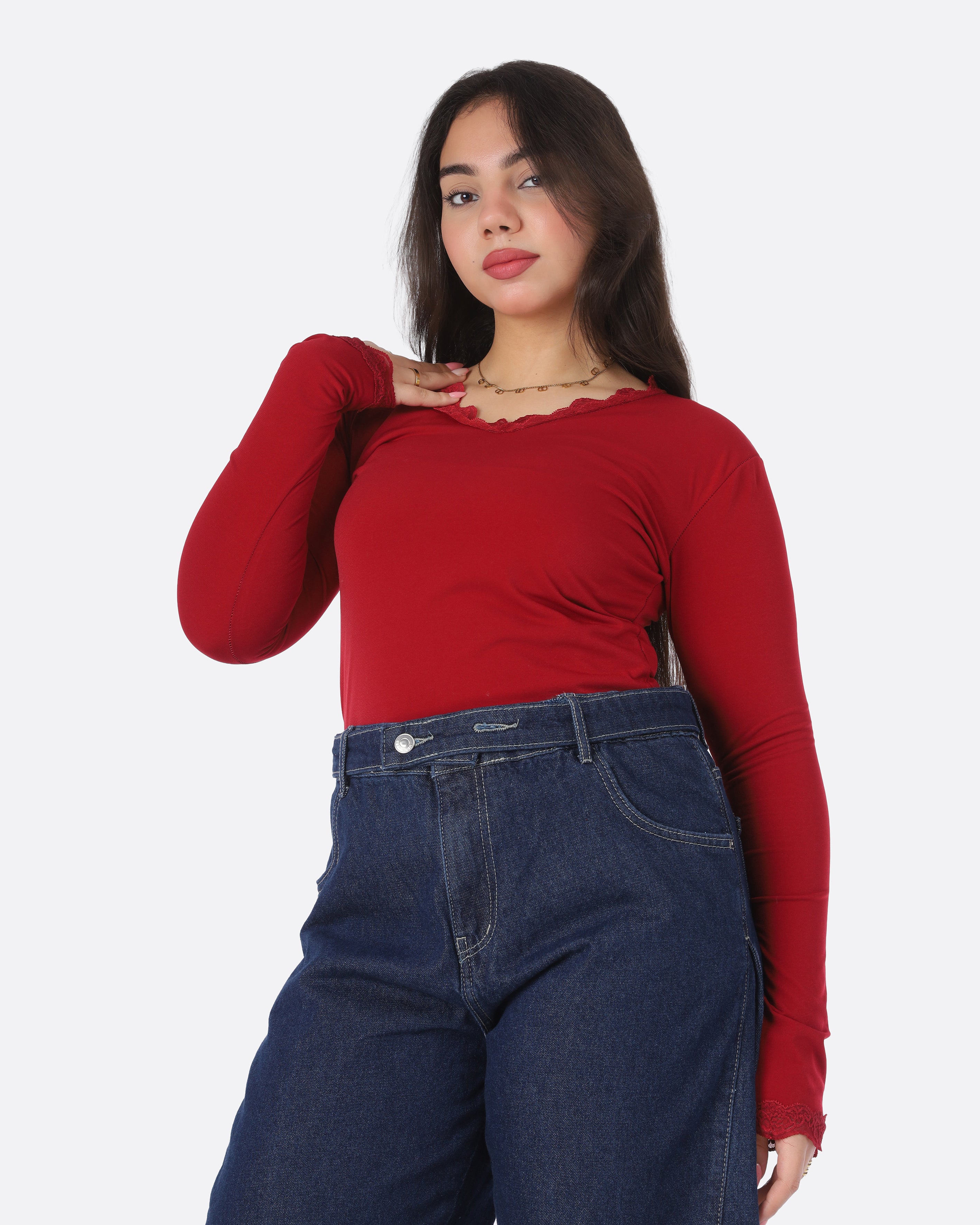 Basic V-Neck Lace Trim Top 2011/176