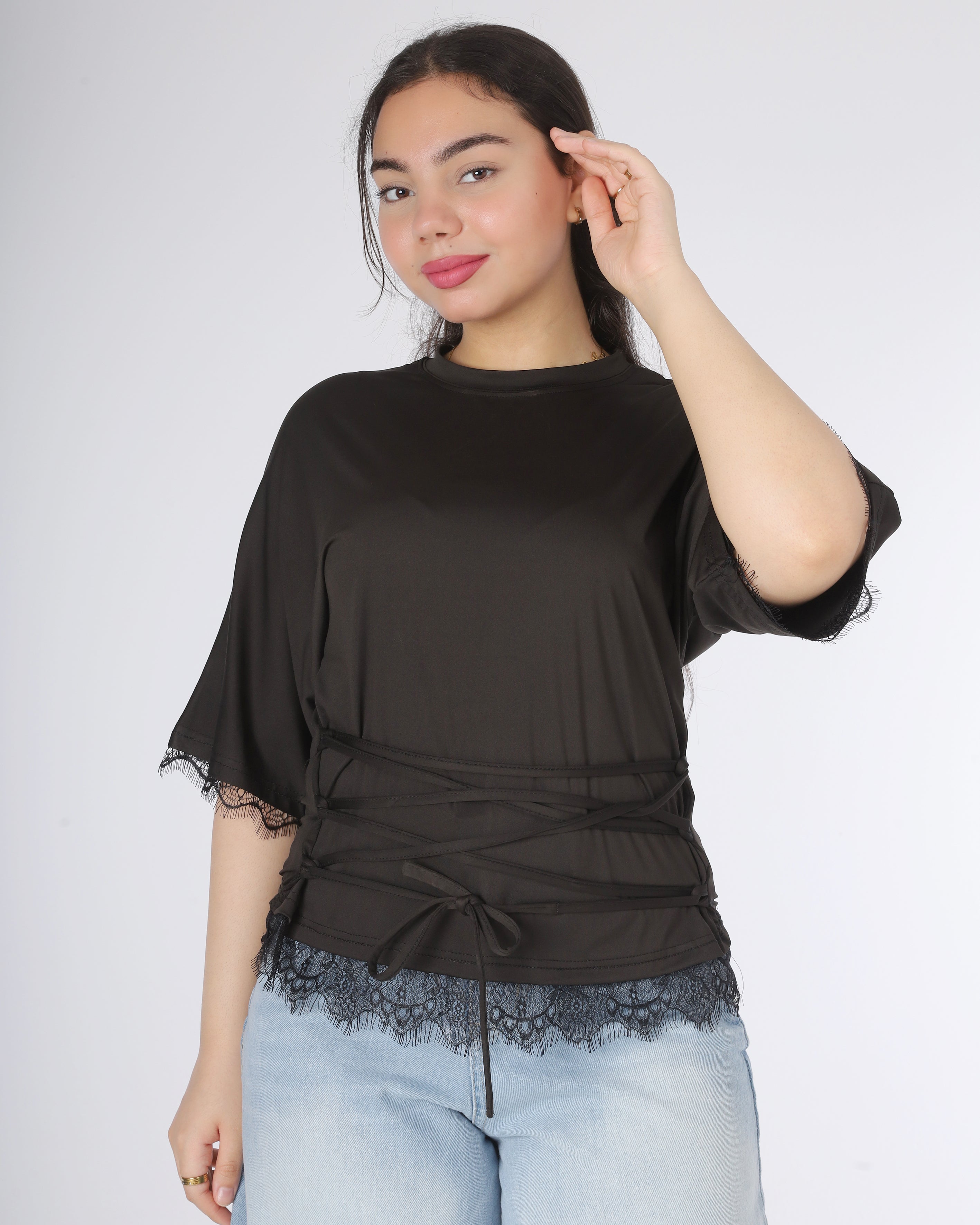 Elegant Lace Trim Blouse with Front Waist Tie 2011/250