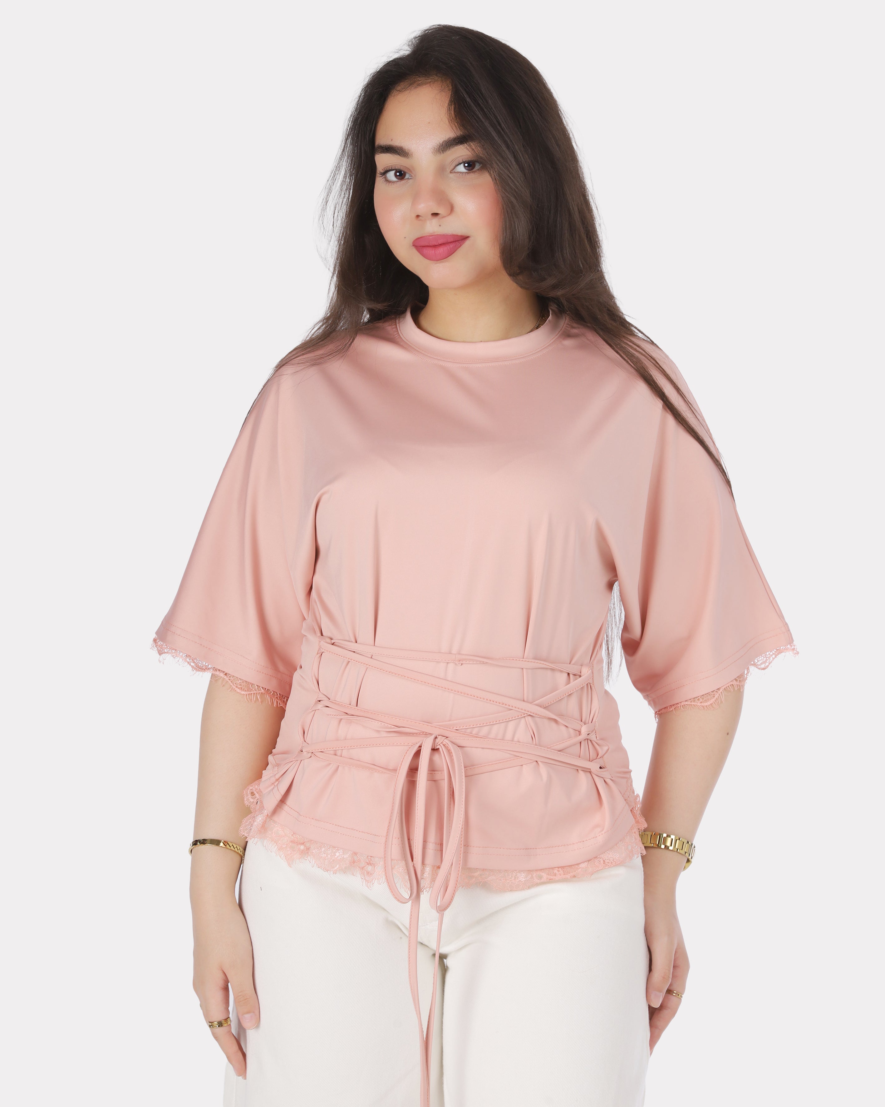 Elegant Lace Trim Blouse with Front Waist Tie 2011/250