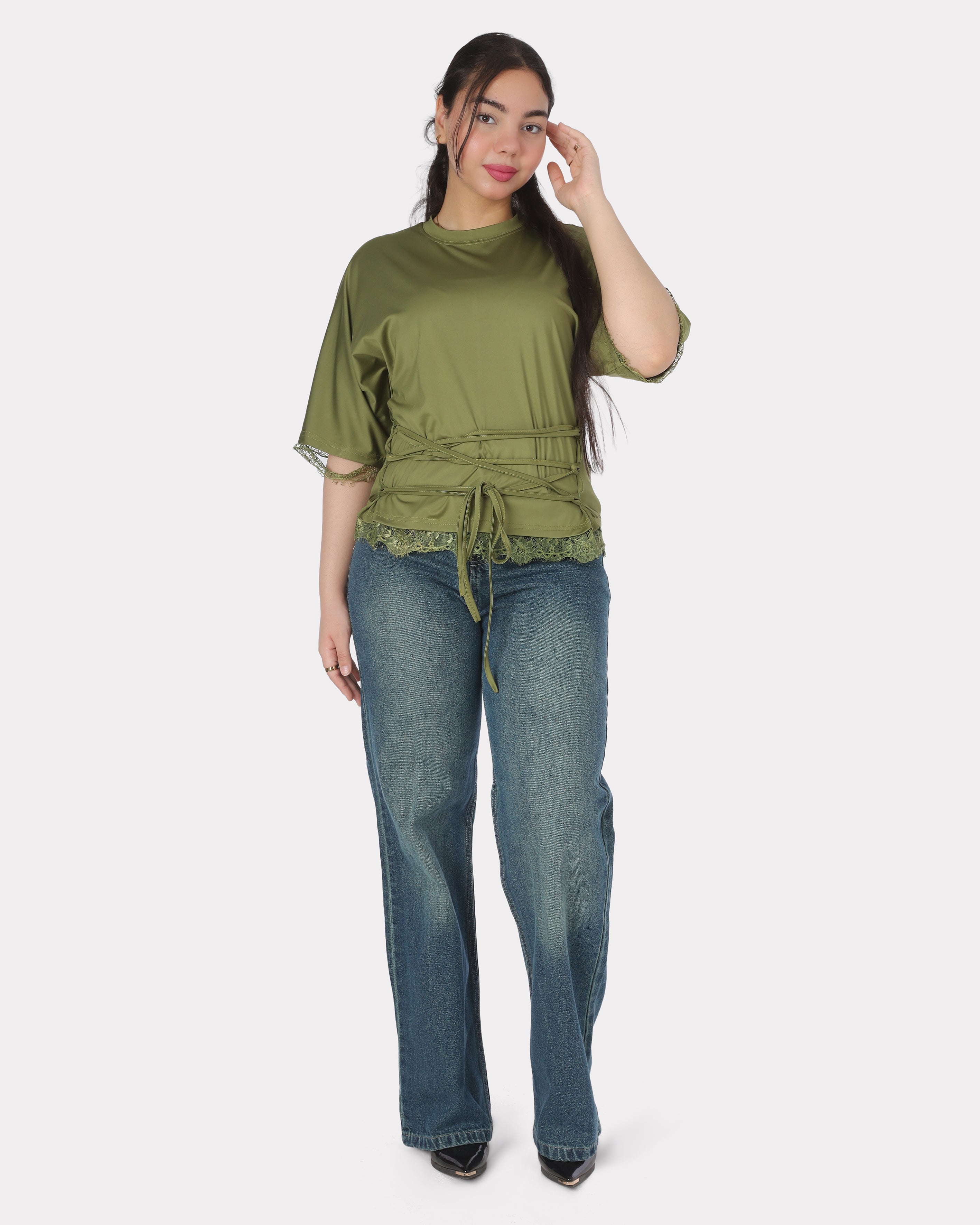 Elegant Lace Trim Blouse with Front Waist Tie 2011/250