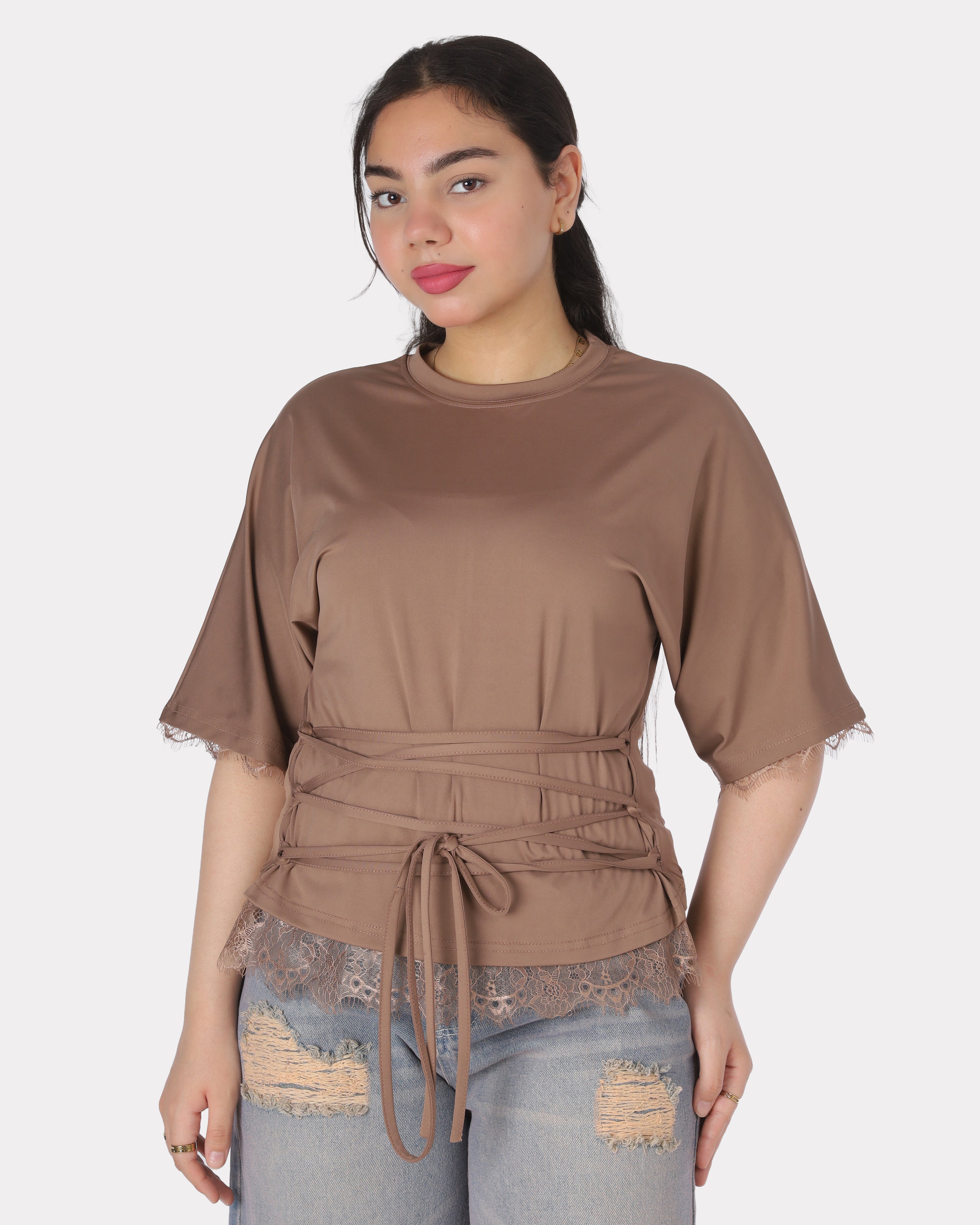 Elegant Lace Trim Blouse with Front Waist Tie 2011/250