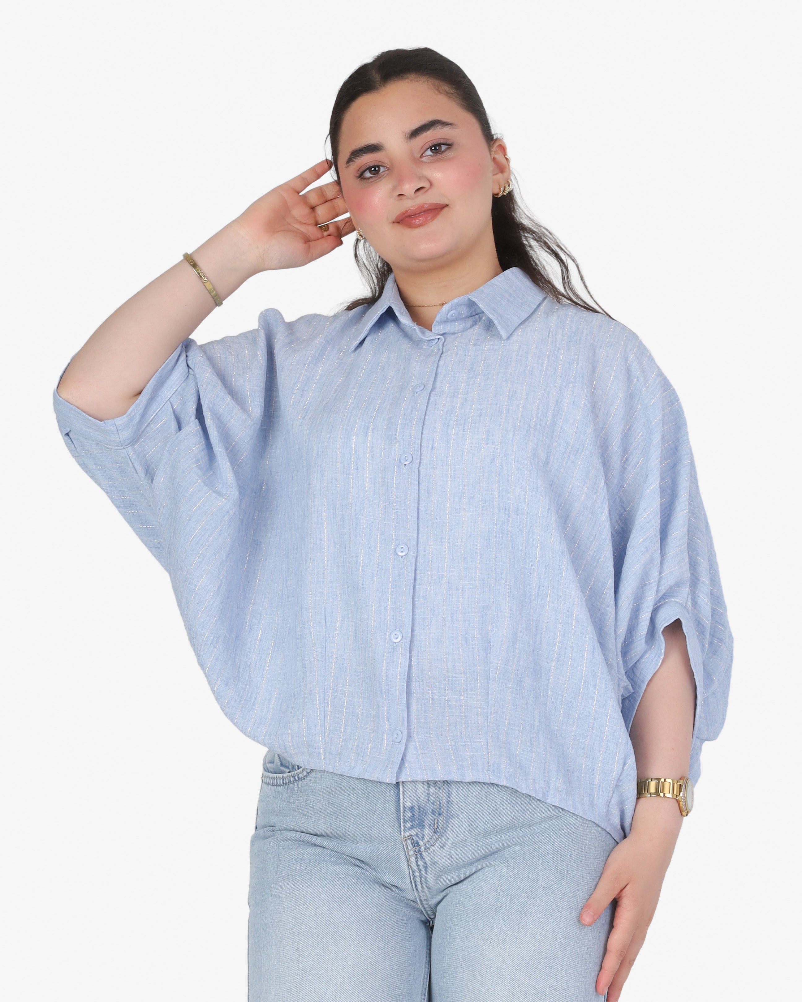 Striped Button-Up Blouse with Short Sleeves 2015/228