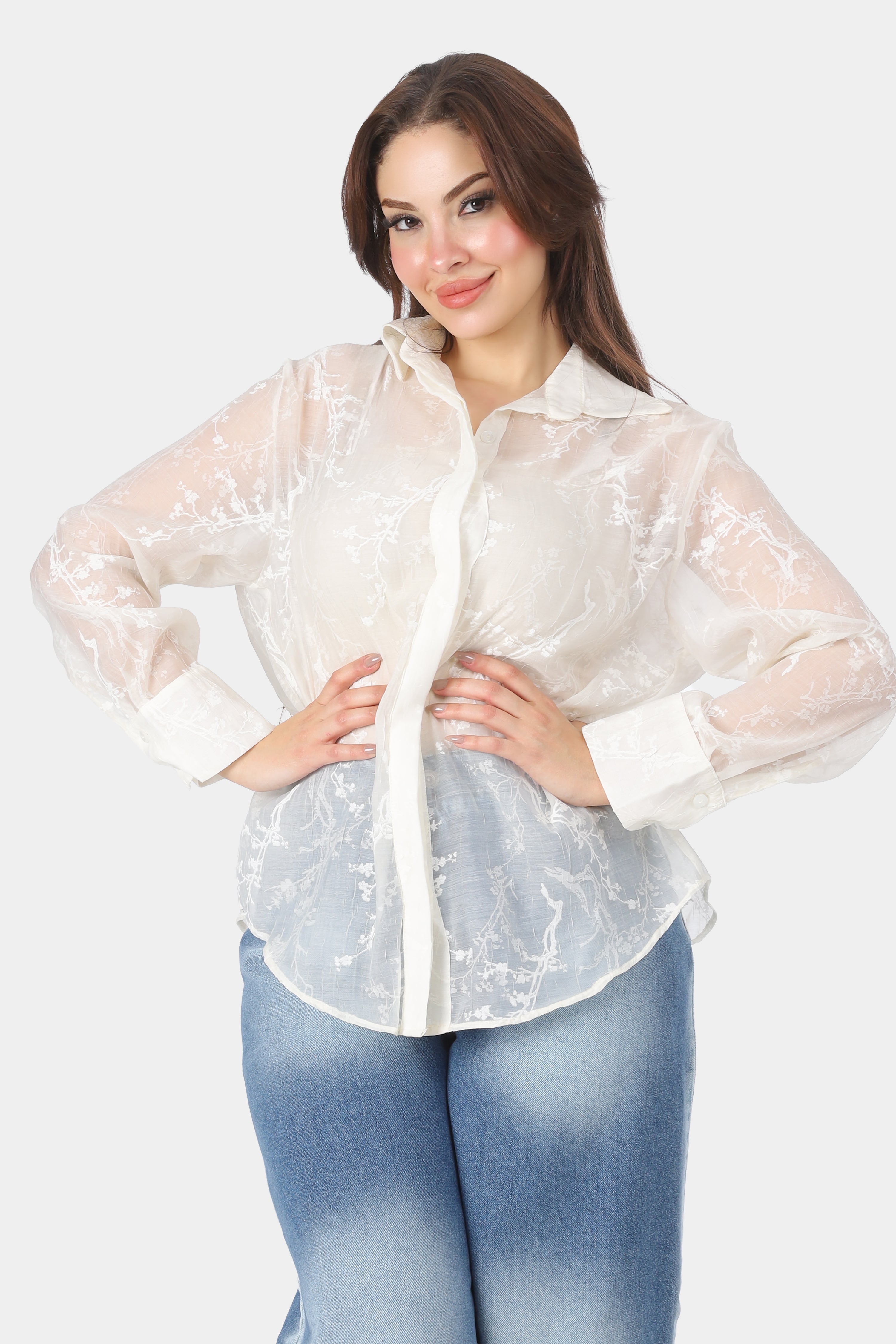 Sheer Floral Embroidered Button-Down Shirt 2036SH135